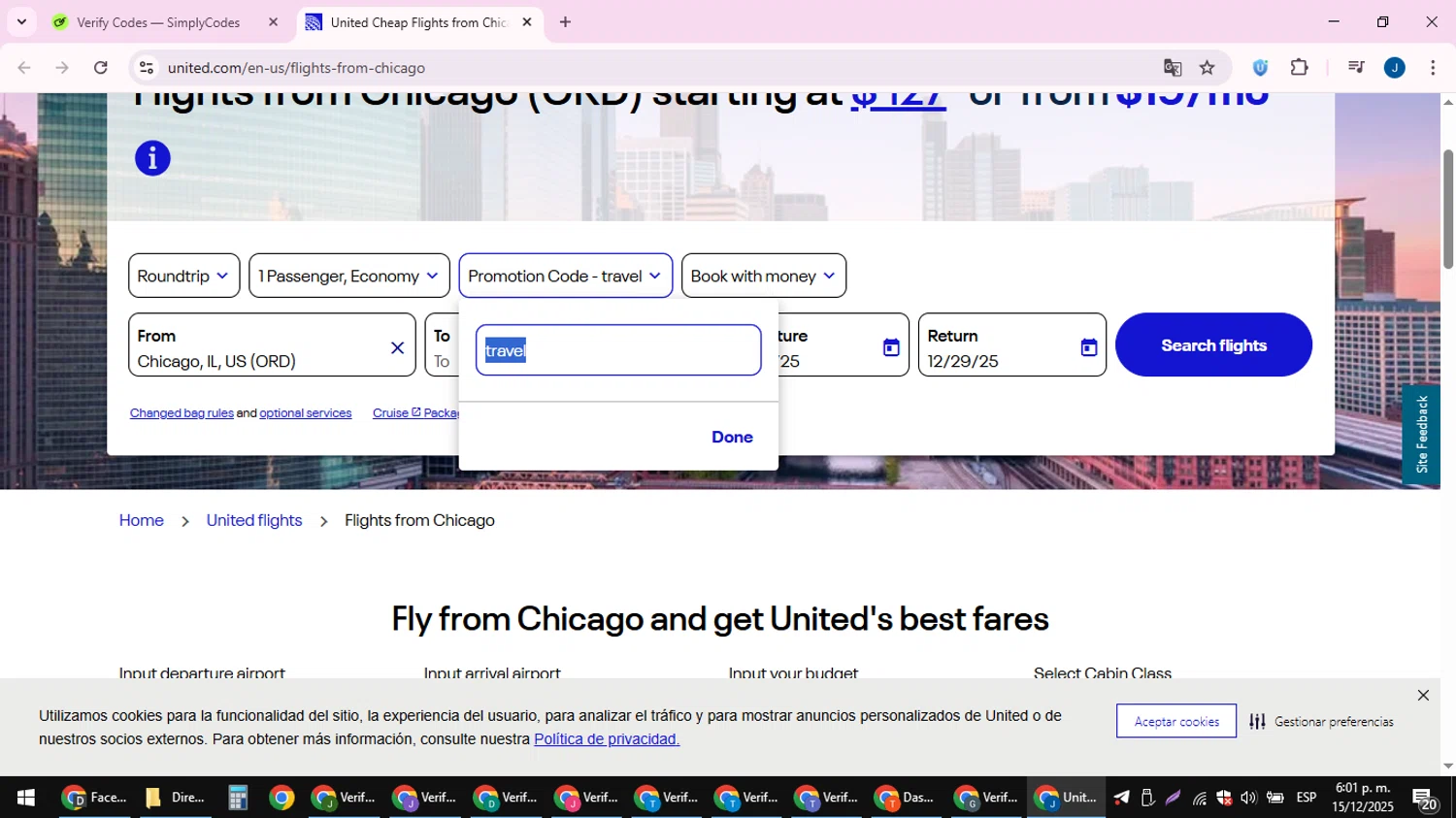 United Airlines checkout page showing United Airlines promo code box | Screenshot taken by SimplyCodes community member on Dec 15, 2025