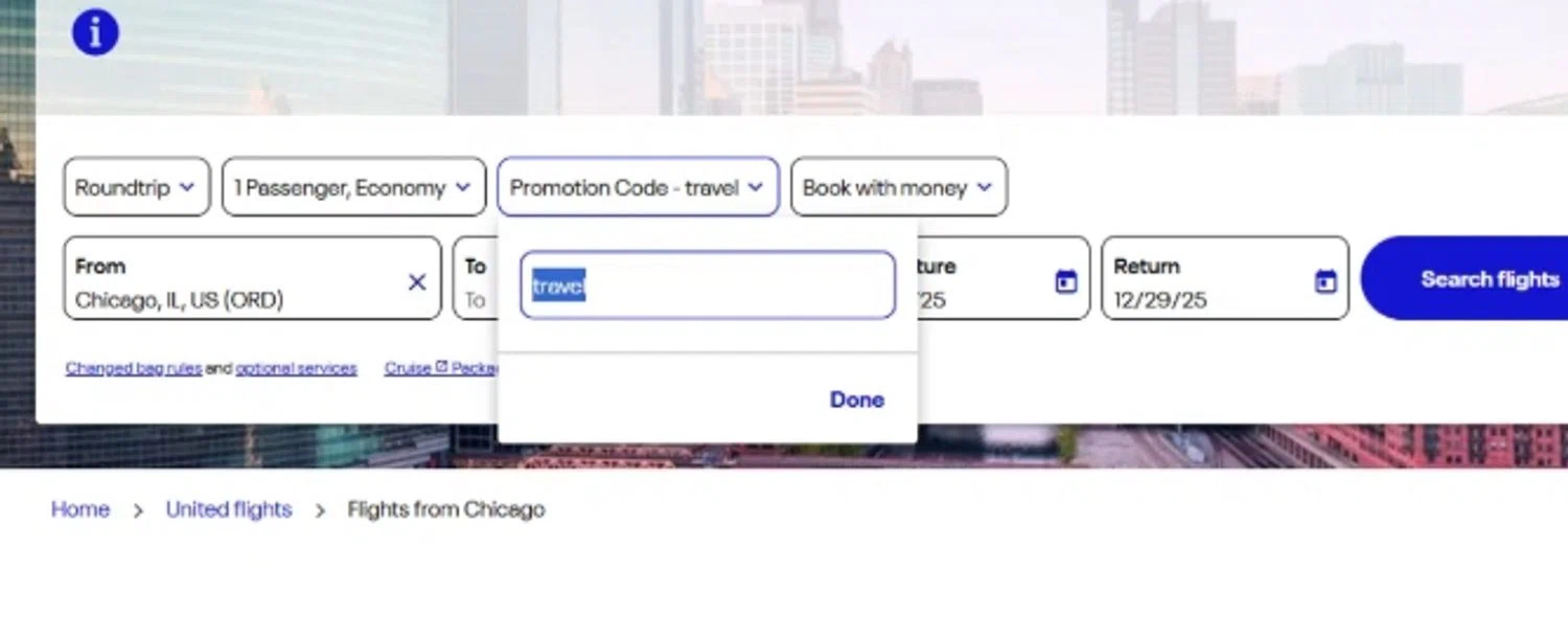 United Airlines promo code screenshot showing code travel applied at United Airlines checkout page. Uploaded by SimplyCodes community member swiftie on Dec 22, 2025