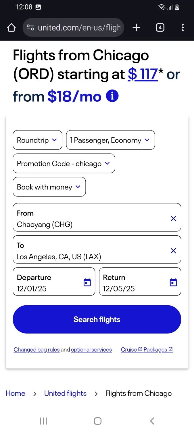 United Airlines promo code screenshot showing code chicago applied at United Airlines checkout page. Uploaded by SimplyCodes community member tulioriera on Nov 30, 2025