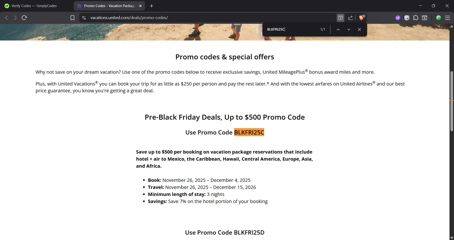 United Airlines promo code screenshot showing code BLKFRI25C applied at United Airlines checkout page. Uploaded by SimplyCodes community member Focus_123 on Dec 1, 2025