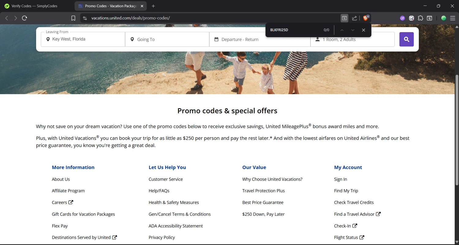 United Airlines promo code screenshot showing code BLKFRI25D applied at United Airlines checkout page. Uploaded by SimplyCodes community member Focus_123 on Dec 18, 2025