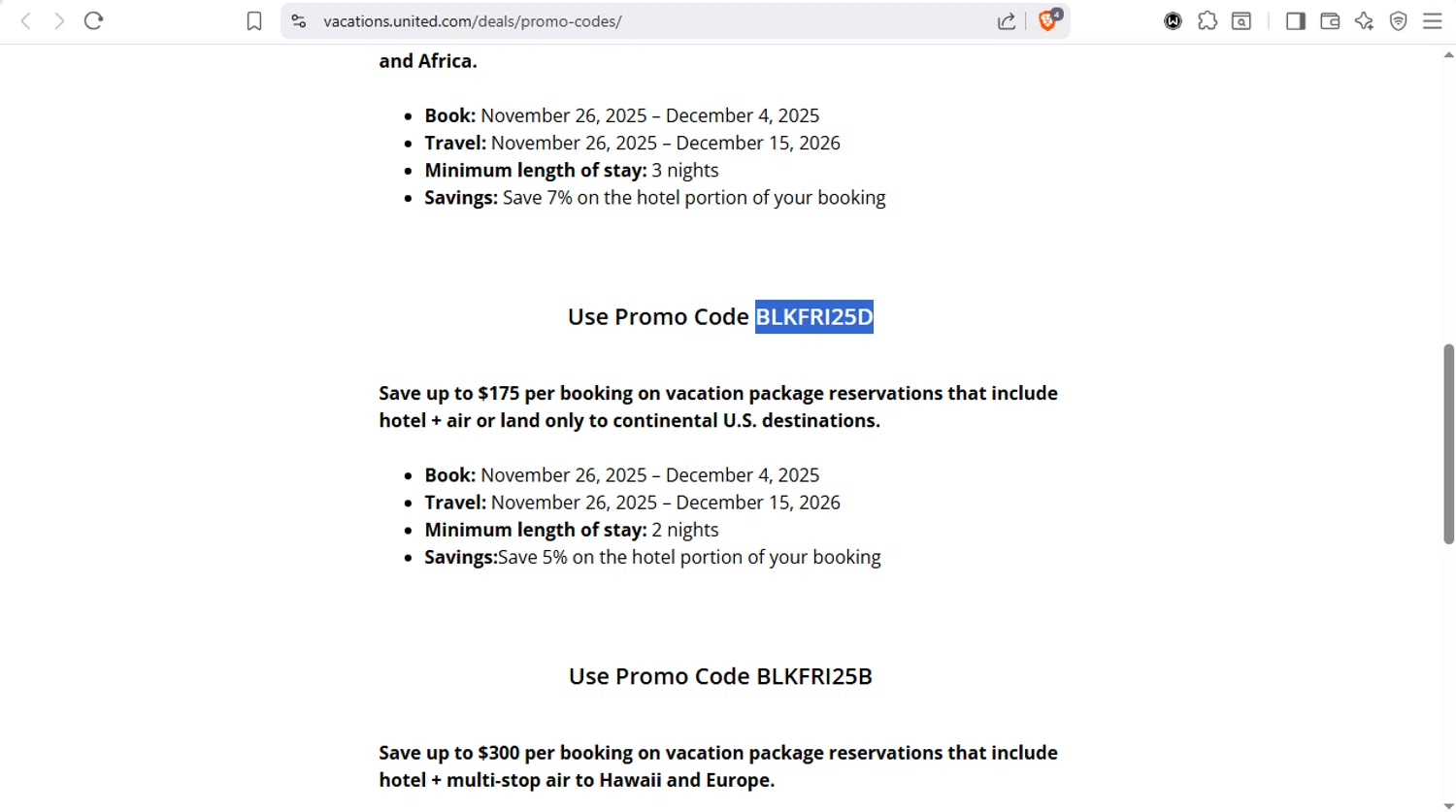United Airlines promo code screenshot showing code BLKFRI25D applied at United Airlines checkout page. Uploaded by SimplyCodes community member dayselis15 on Dec 16, 2025
