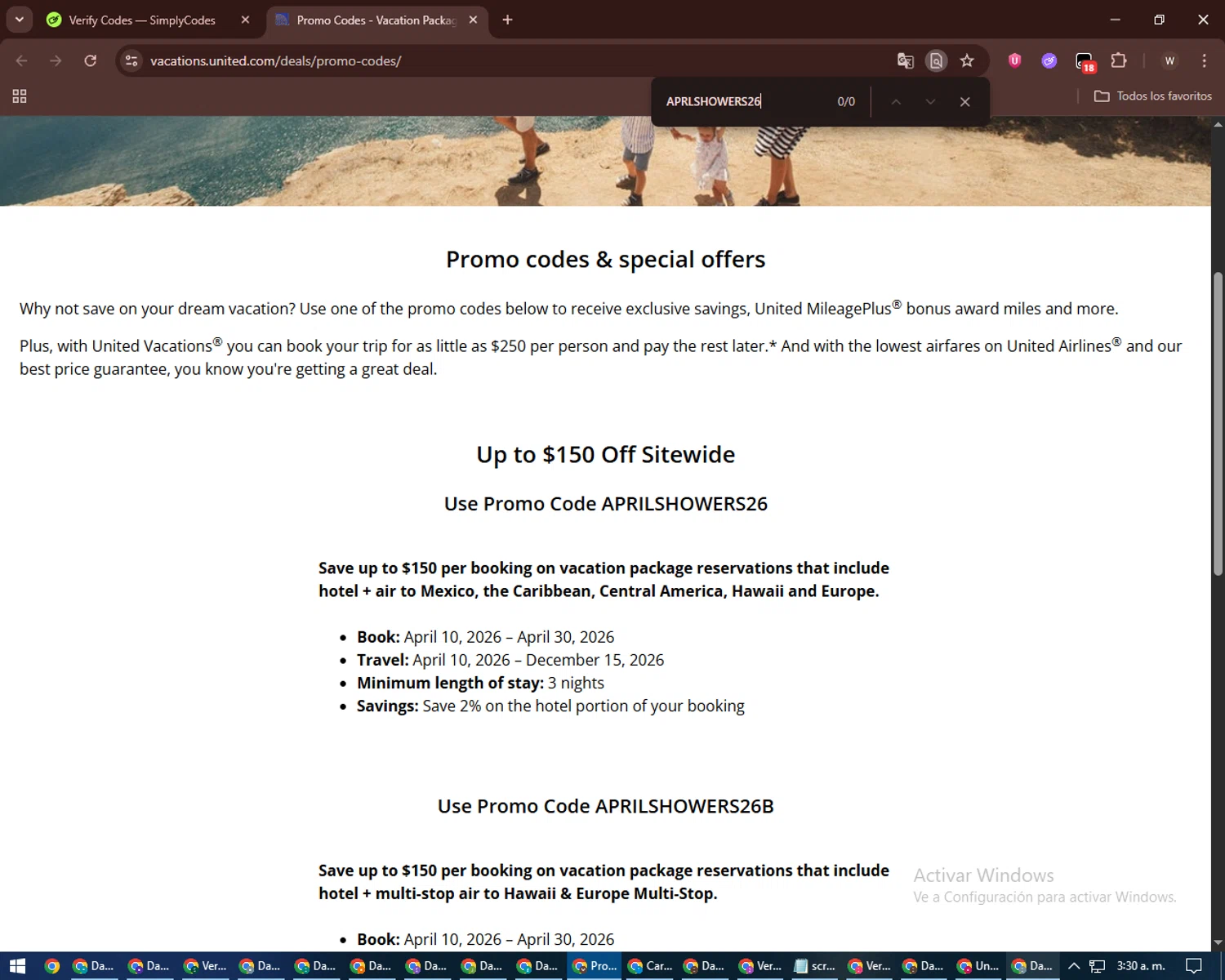 Verification screenshot for $150 Off Per Booking on Vacation Package Reservations (members Only) at United Airlines — 44d ago