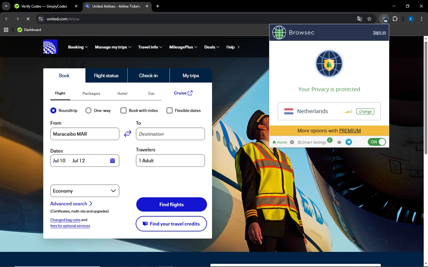 Verification screenshot for $150 Off Per Booking on Vacation Package Reservations (members Only) at United Airlines — 33d ago