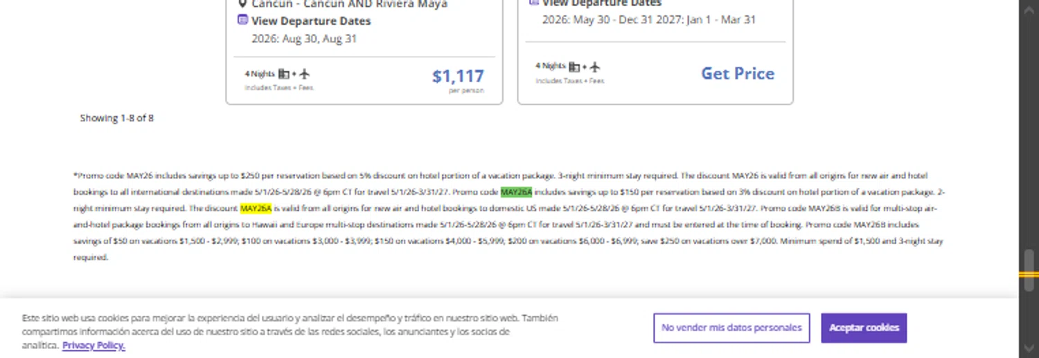 Verification screenshot for 3% Off All Inclusive Vacation Packages (special Restrictions Apply) at United Airlines — 14d ago