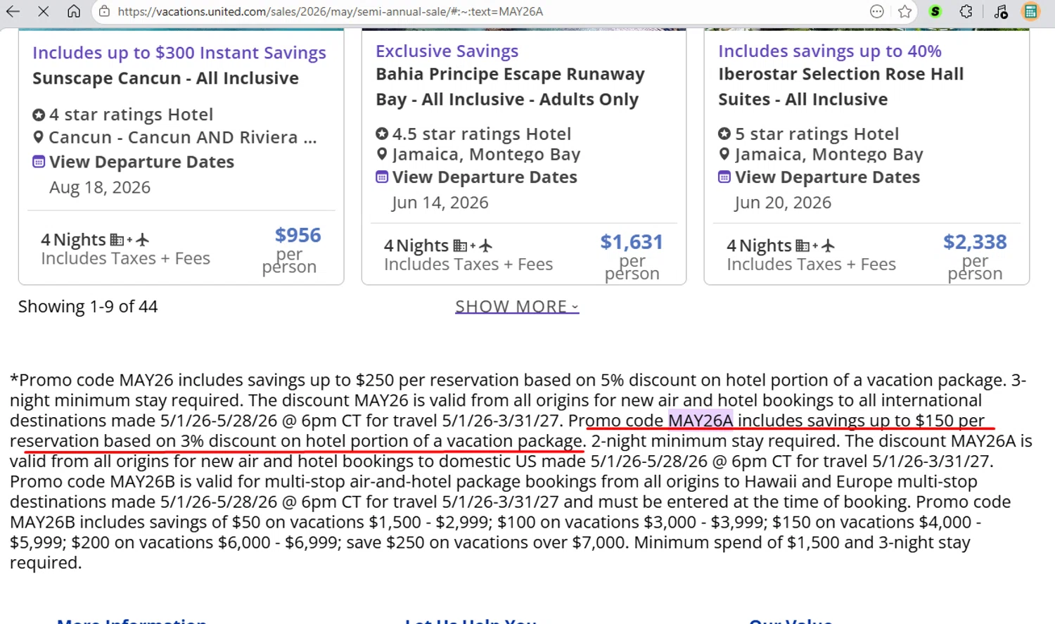Verification screenshot for 3% Off All Inclusive Vacation Packages (special Restrictions Apply) at United Airlines — 25d ago