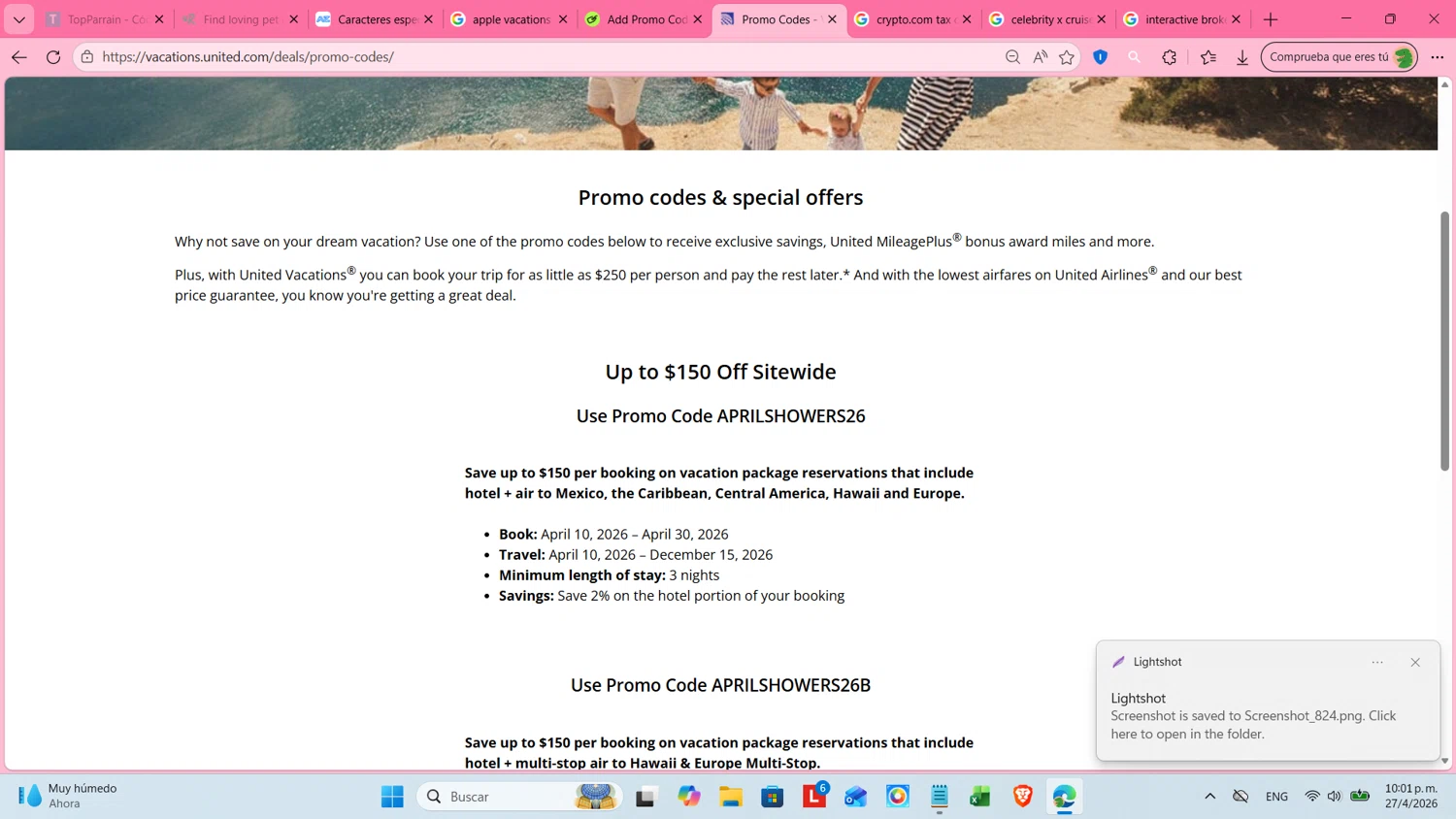 Verification screenshot for $150 Off Per Booking on Vacation Package Reservations (members Only) at United Airlines — 45d ago