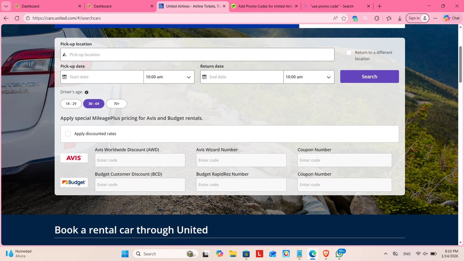 United Airlines promo code screenshot showing code MUAA187 applied at United Airlines checkout page. Uploaded by SimplyCodes community member cosita on Jan 15, 2026