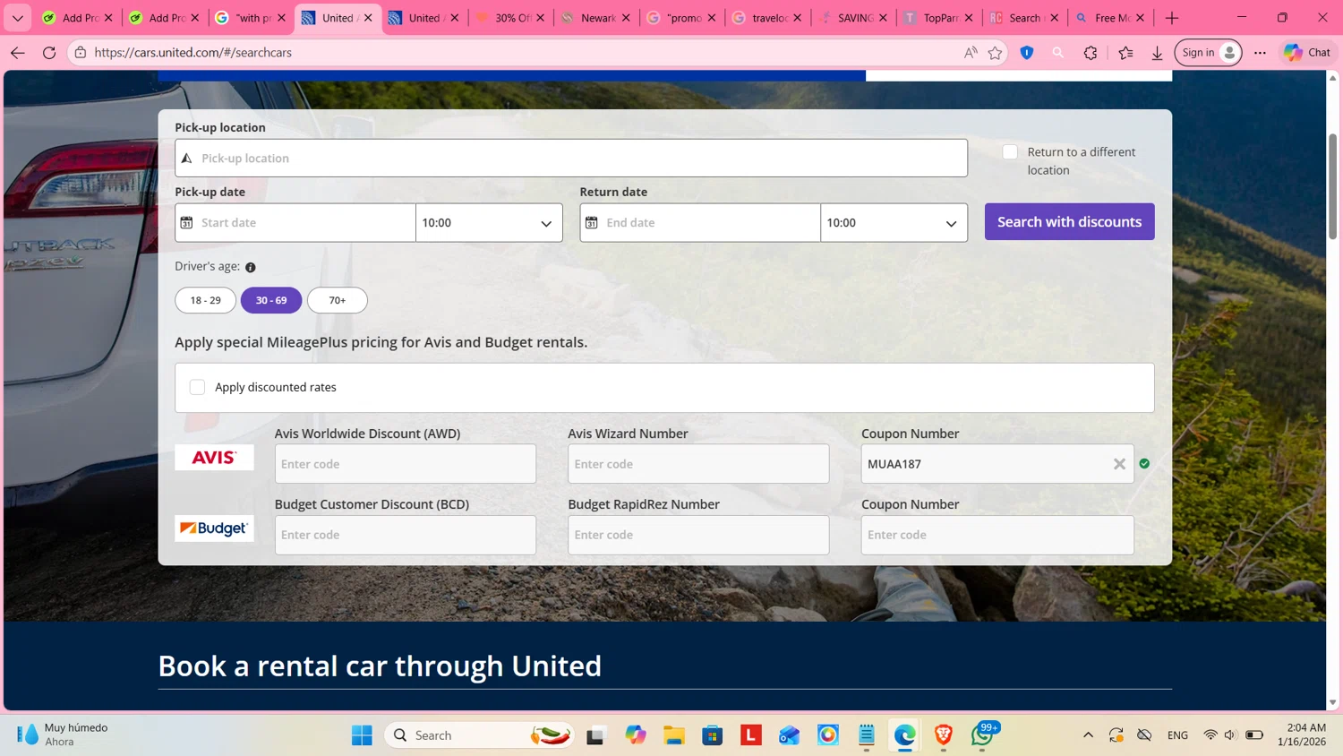 United Airlines promo code screenshot showing code MUAA187 applied at United Airlines checkout page. Uploaded by SimplyCodes community member cosita on Jan 16, 2026