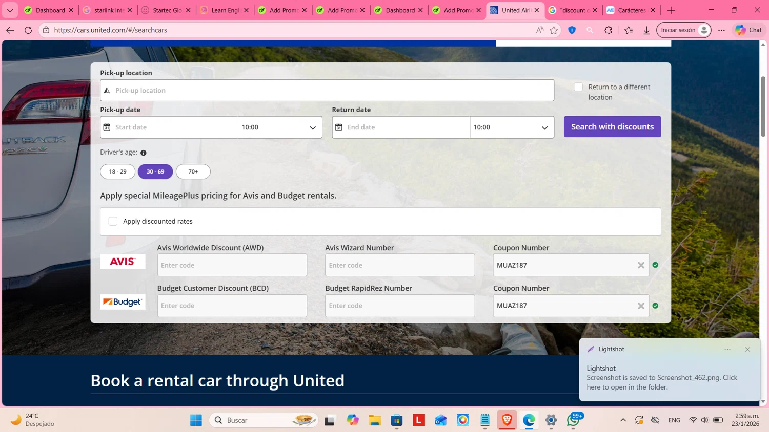 United Airlines promo code screenshot showing code MUAZ187 applied at United Airlines checkout page. Uploaded by SimplyCodes community member cosita on Jan 23, 2026