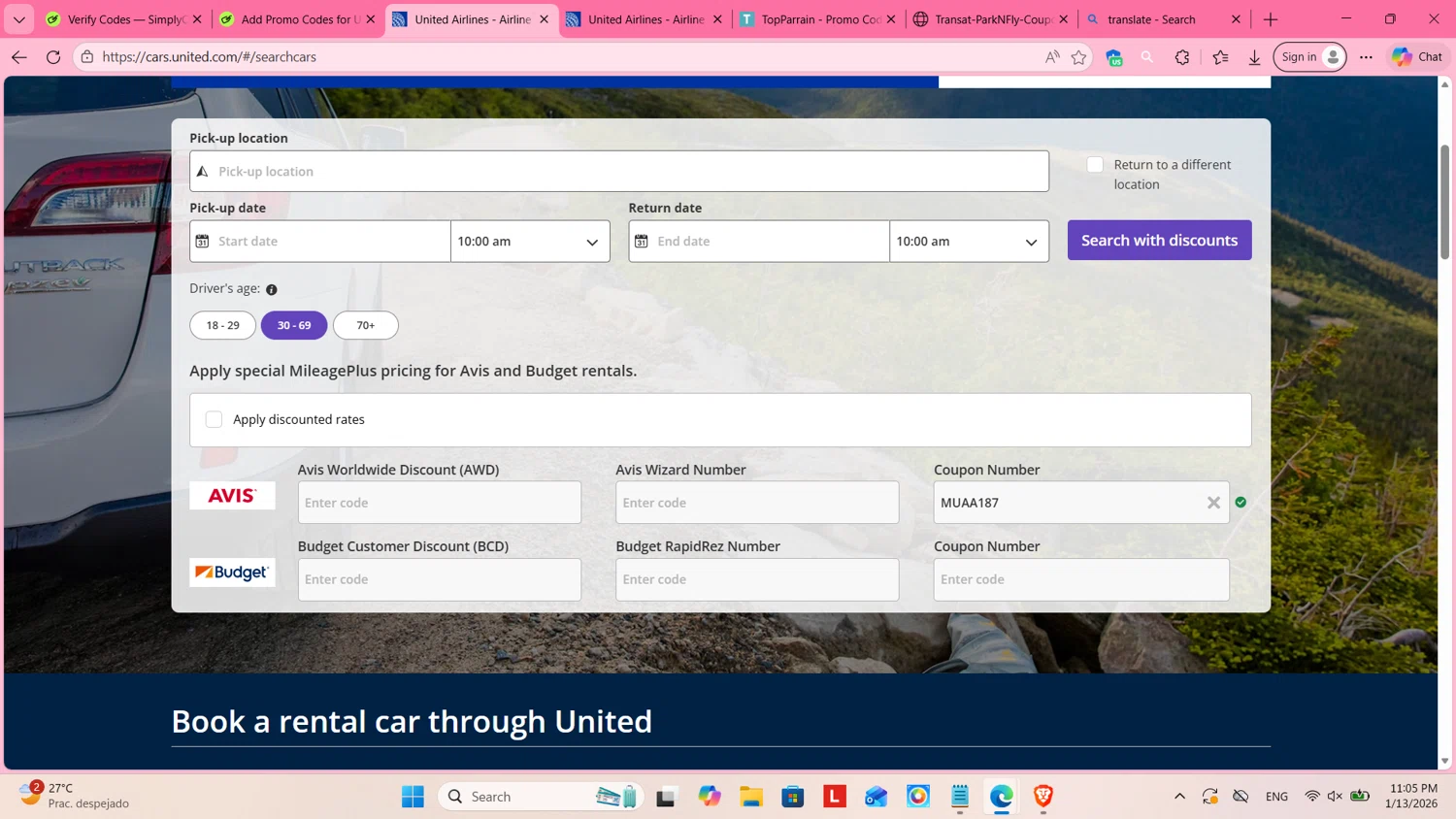 United Airlines promo code screenshot showing code MUAA187 applied at United Airlines checkout page. Uploaded by SimplyCodes community member cosita on Jan 14, 2026