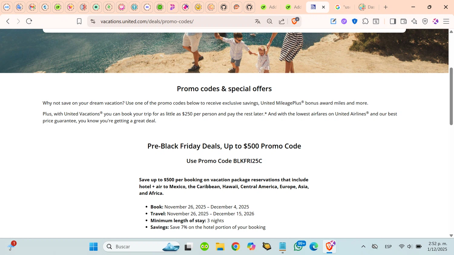 United Airlines promo code screenshot showing code BLKFRI25C applied at United Airlines checkout page. Uploaded by SimplyCodes community member cosita on Dec 1, 2025