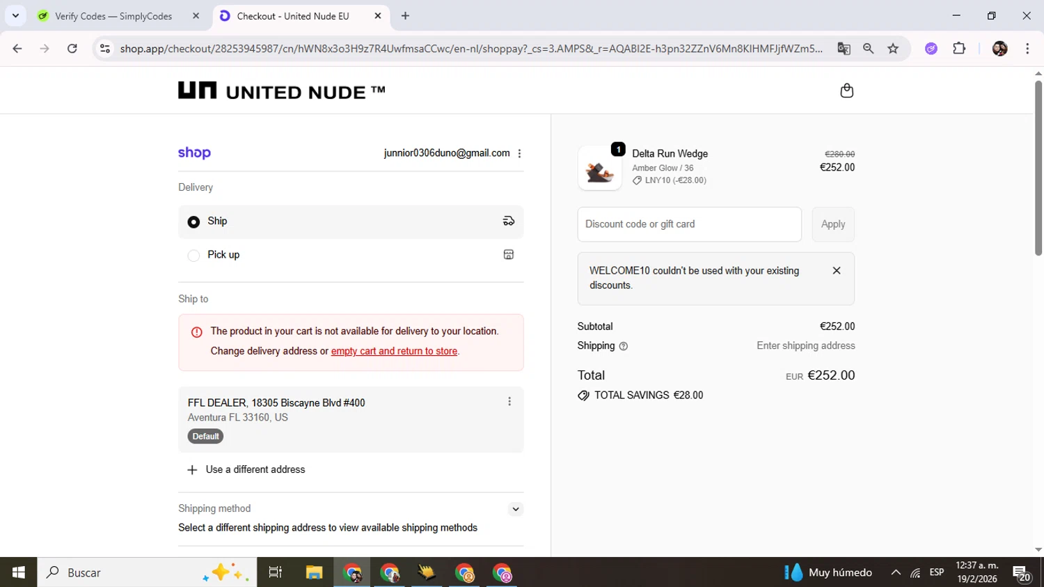 United Nude checkout page showing United Nude promo code box | Screenshot taken by SimplyCodes community member on Feb 19, 2026
