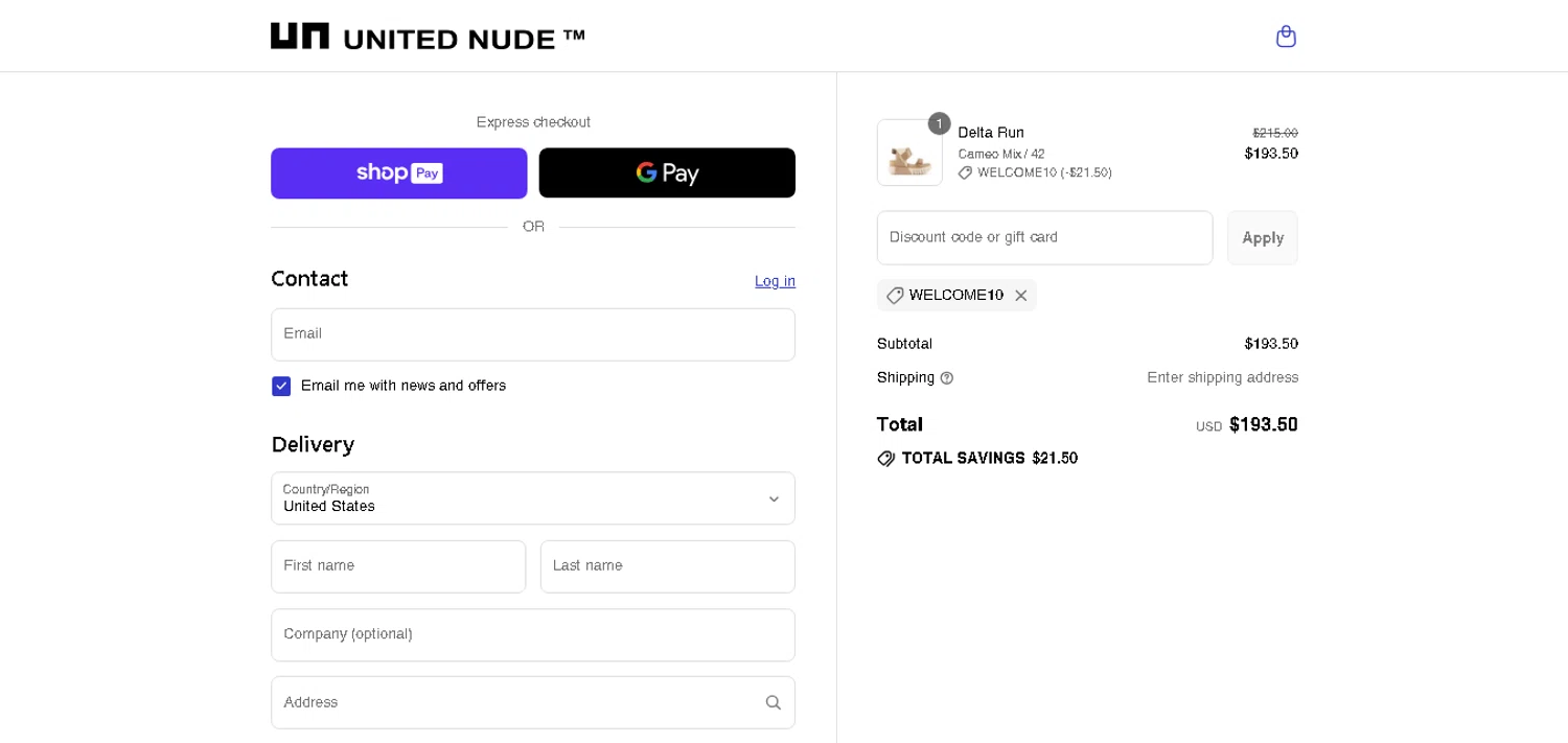 United Nude promo code screenshot showing code WELCOME10 applied at United Nude checkout page. Uploaded by SimplyCodes community member xHRxUltrax on Jul 28, 2025