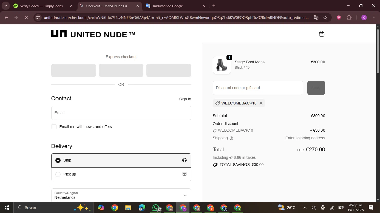 United Nude promo code screenshot showing code WELCOMEBACK10 applied at United Nude checkout page. Uploaded by SimplyCodes community member FrugalPro5078 on Nov 15, 2025
