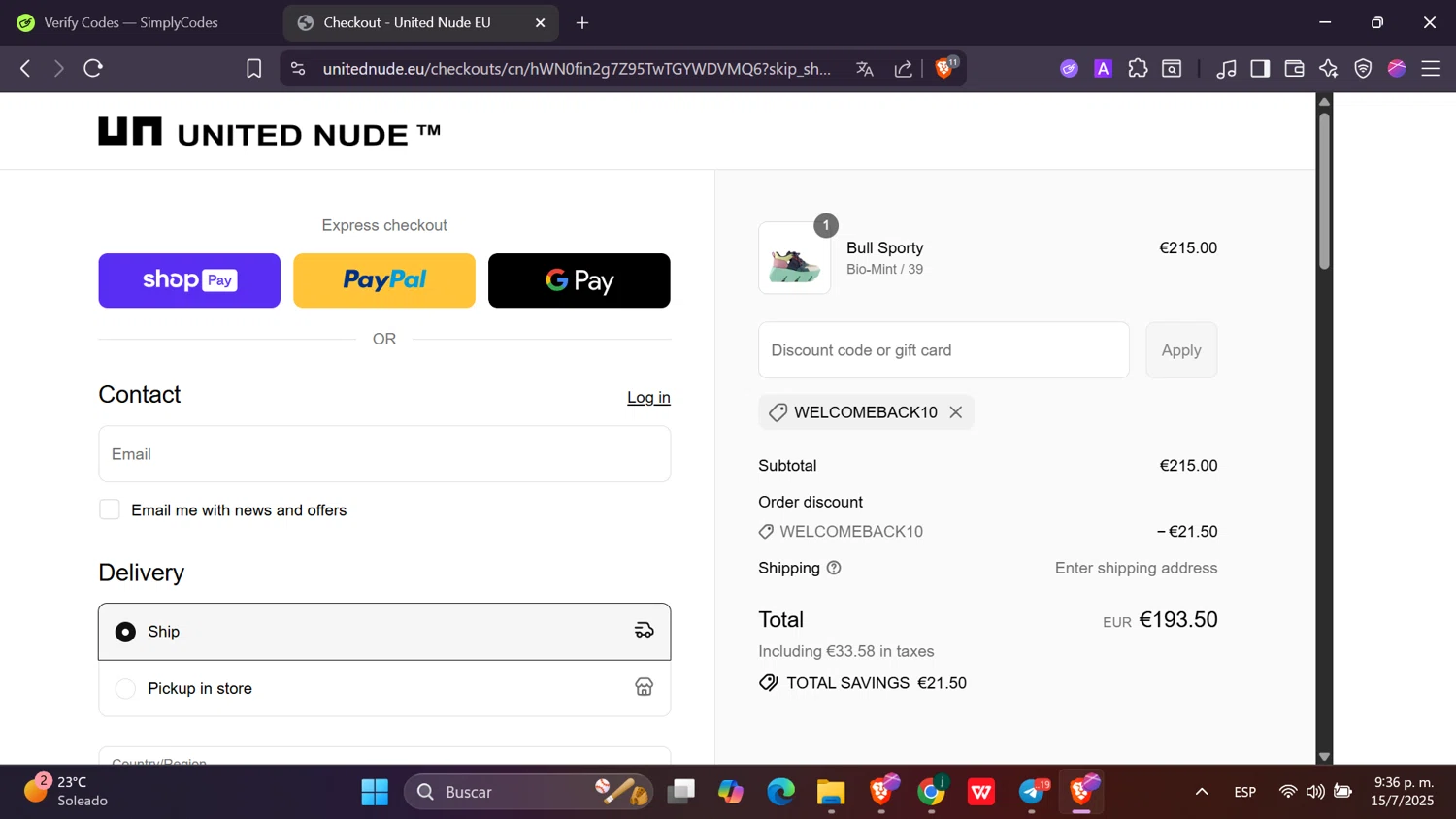 United Nude promo code screenshot showing code WELCOMEBACK10 applied at United Nude checkout page. Uploaded by SimplyCodes community member Toji_fushiguro on Jul 16, 2025