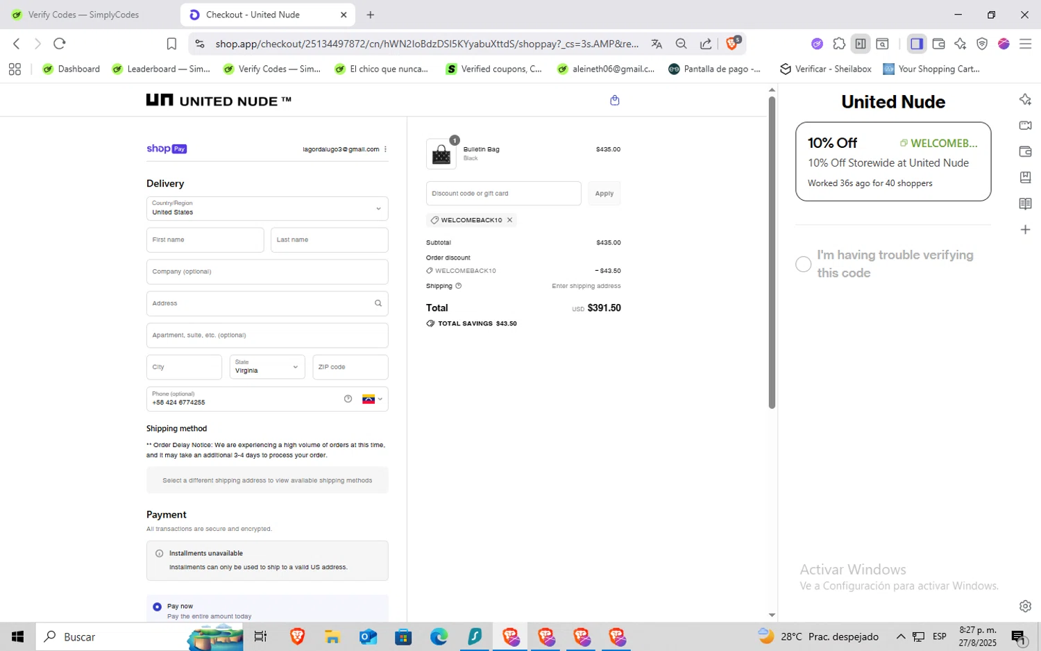 United Nude promo code screenshot showing code WELCOMEBACK10 applied at United Nude checkout page. Uploaded by SimplyCodes community member Rayyyyyy on Aug 28, 2025