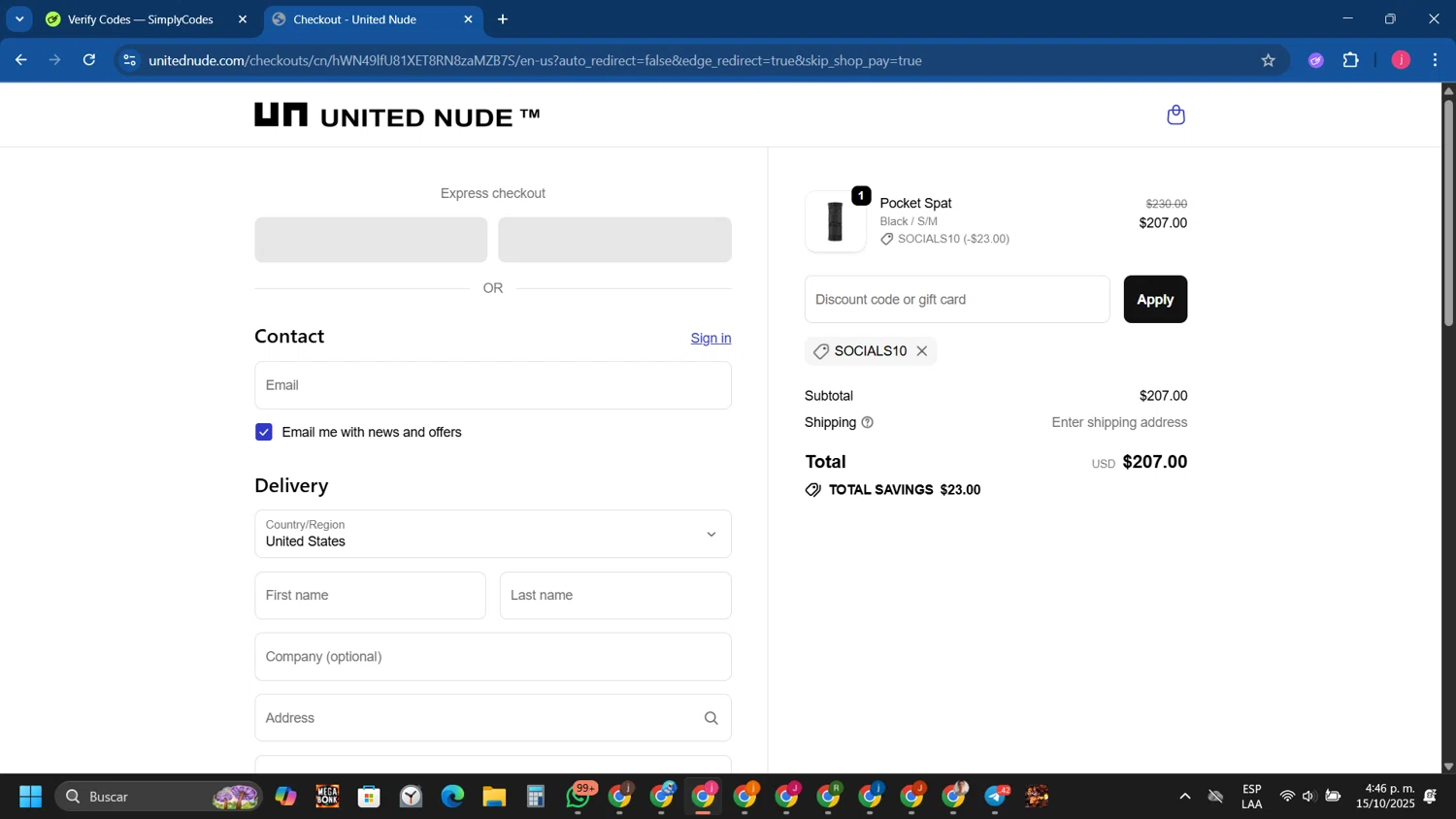 United Nude promo code screenshot showing code SOCIALS10 applied at United Nude checkout page. Uploaded by SimplyCodes community member Tryhard on Oct 15, 2025