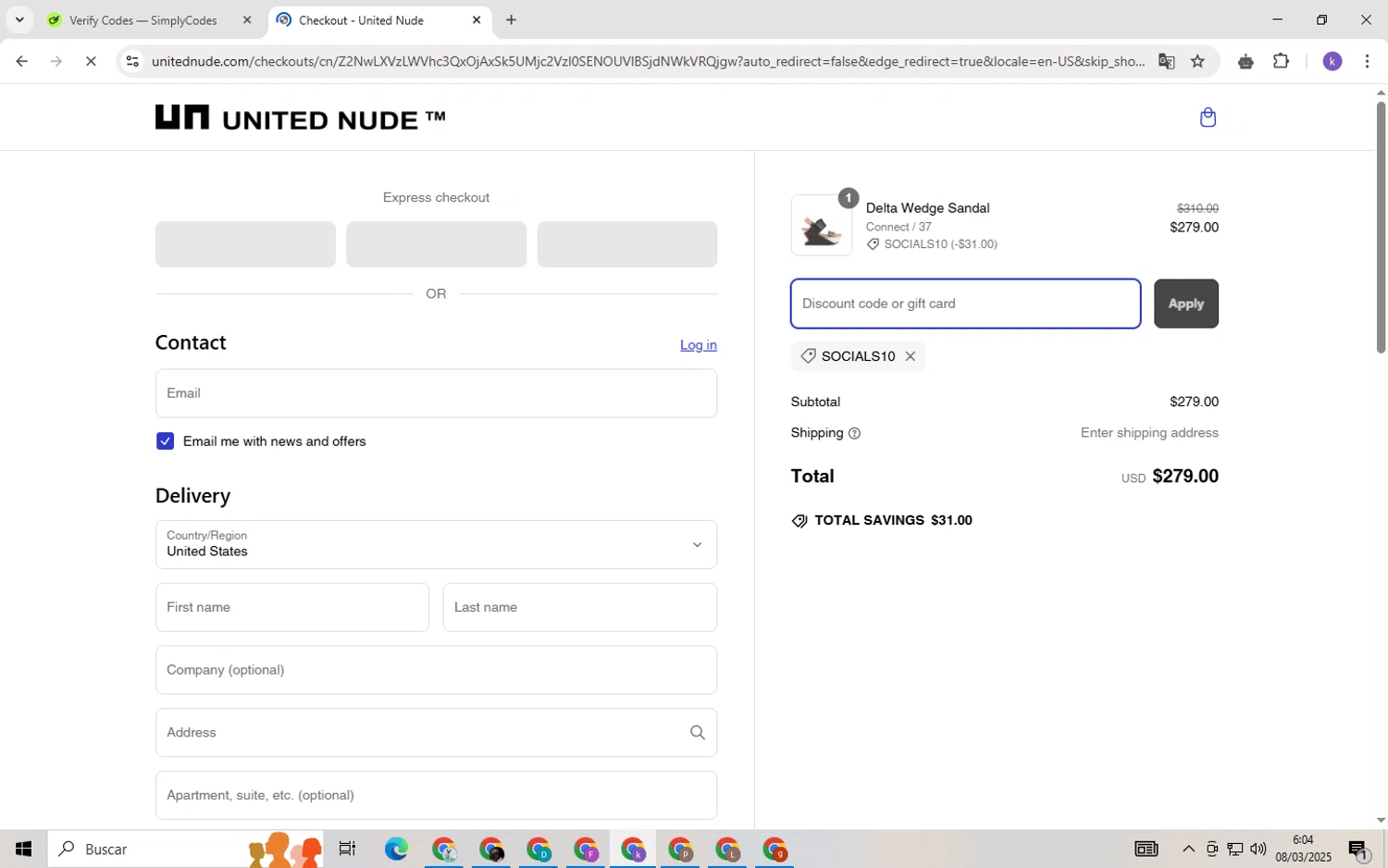 United Nude promo code screenshot showing code SOCIALS10 applied at United Nude checkout page. Uploaded by SimplyCodes community member NobleGenius1697 on Mar 8, 2025