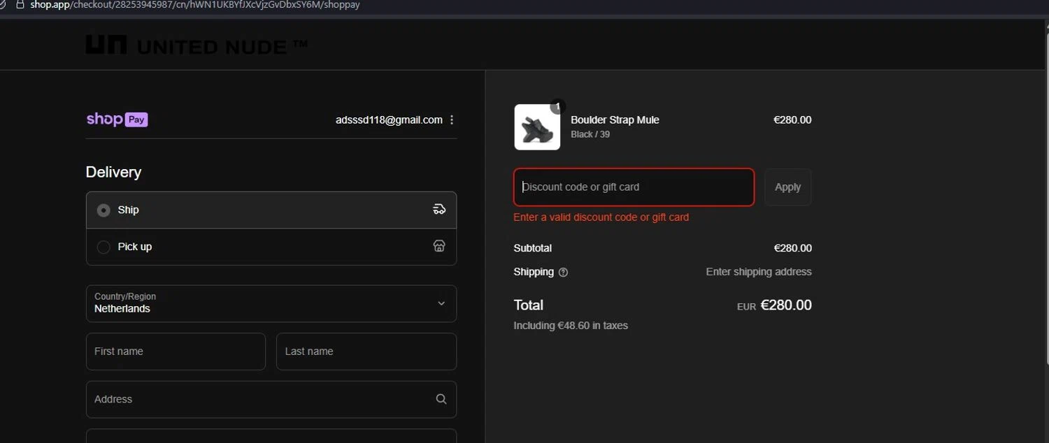 United Nude promo code screenshot showing code ELISE10 applied at United Nude checkout page. Uploaded by SimplyCodes community member BMO123 on Aug 6, 2025