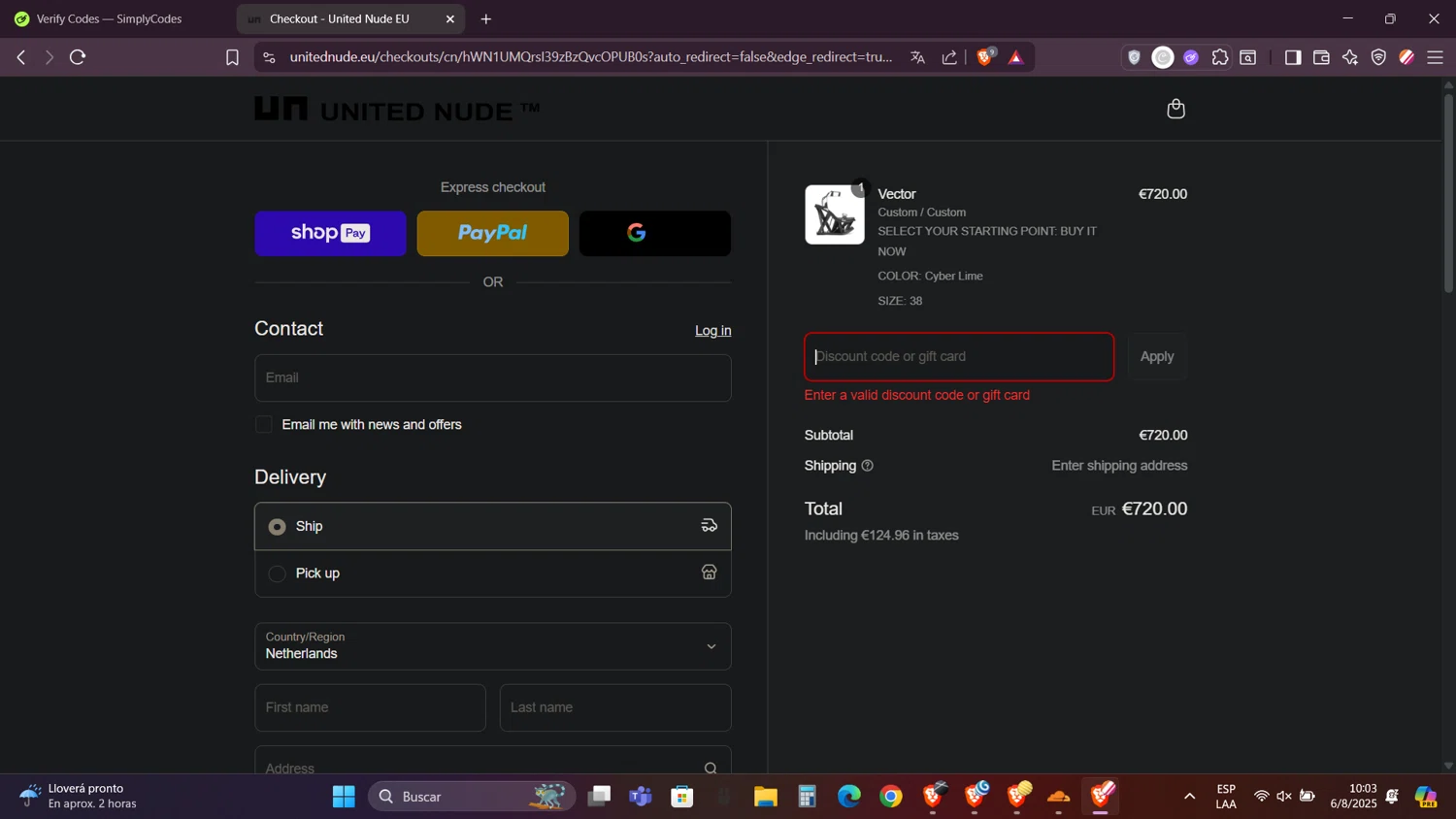 United Nude promo code screenshot showing code ELISE10 applied at United Nude checkout page. Uploaded by SimplyCodes community member FortunateRanger1171 on Aug 6, 2025