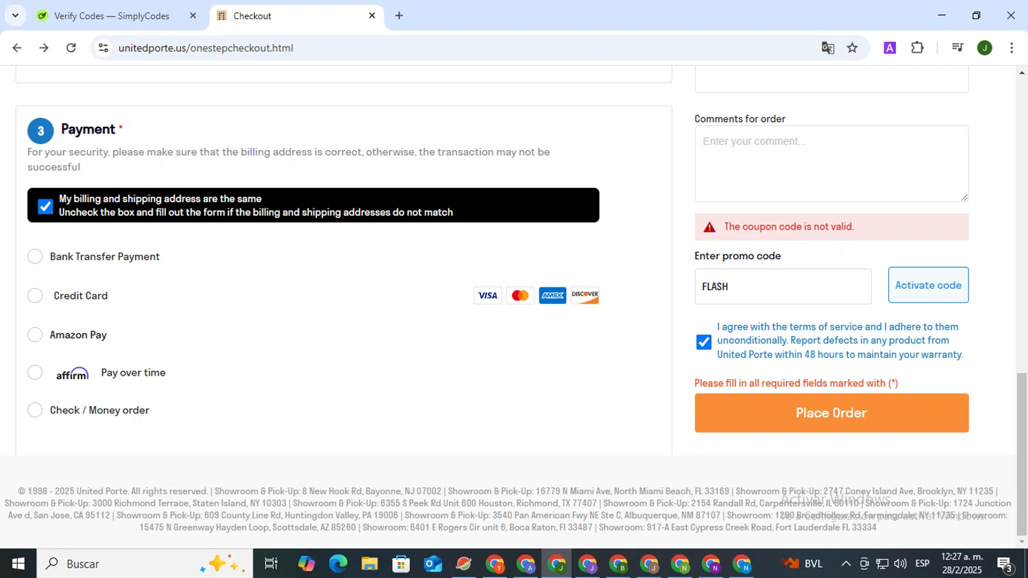 UnitedPorte promo code screenshot showing code FLASH applied at UnitedPorte checkout page. Uploaded by SimplyCodes community member CleverSeeker3529 on Feb 28, 2025