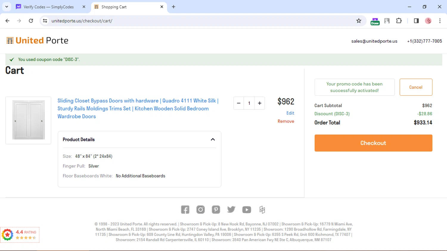 UnitedPorte checkout page showing UnitedPorte promo code box | Screenshot taken by SimplyCodes community member on Dec 19, 2023