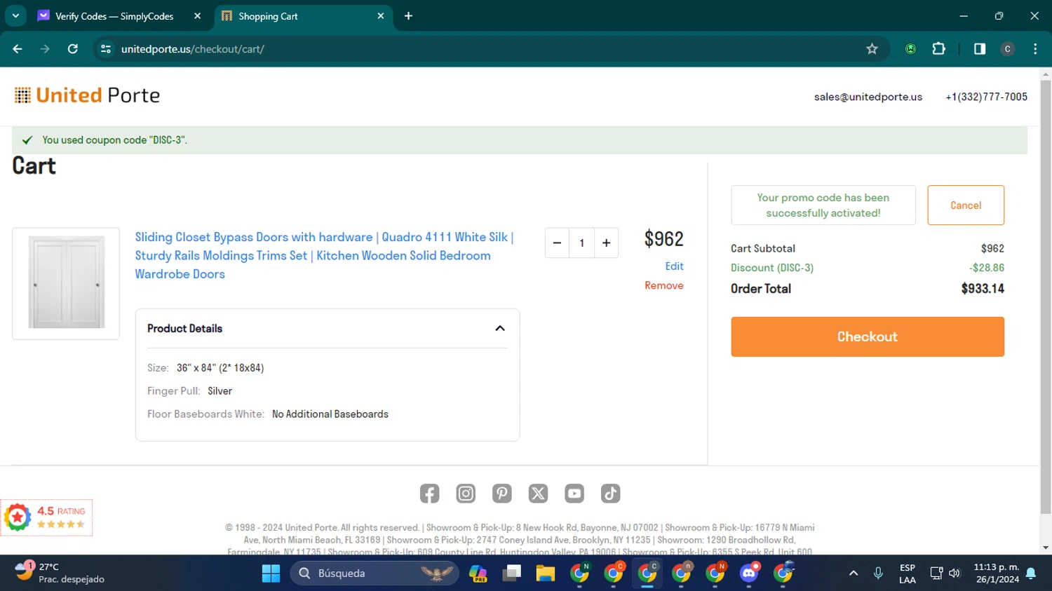 UnitedPorte checkout page showing UnitedPorte promo code box | Screenshot taken by SimplyCodes community member on Jan 27, 2024