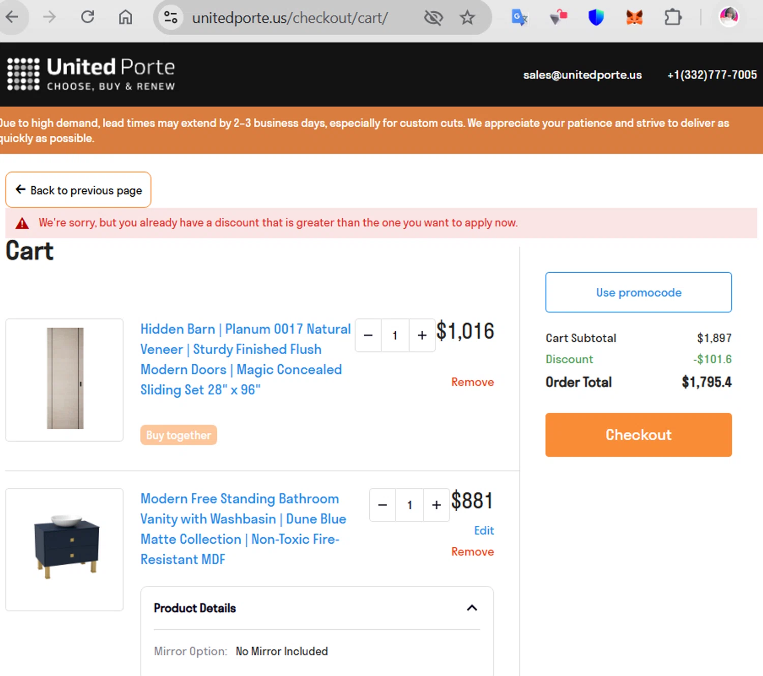 UnitedPorte promo code screenshot showing code DISC-5 applied at UnitedPorte checkout page. Uploaded by SimplyCodes community member LaCalix3000 on Mar 20, 2025