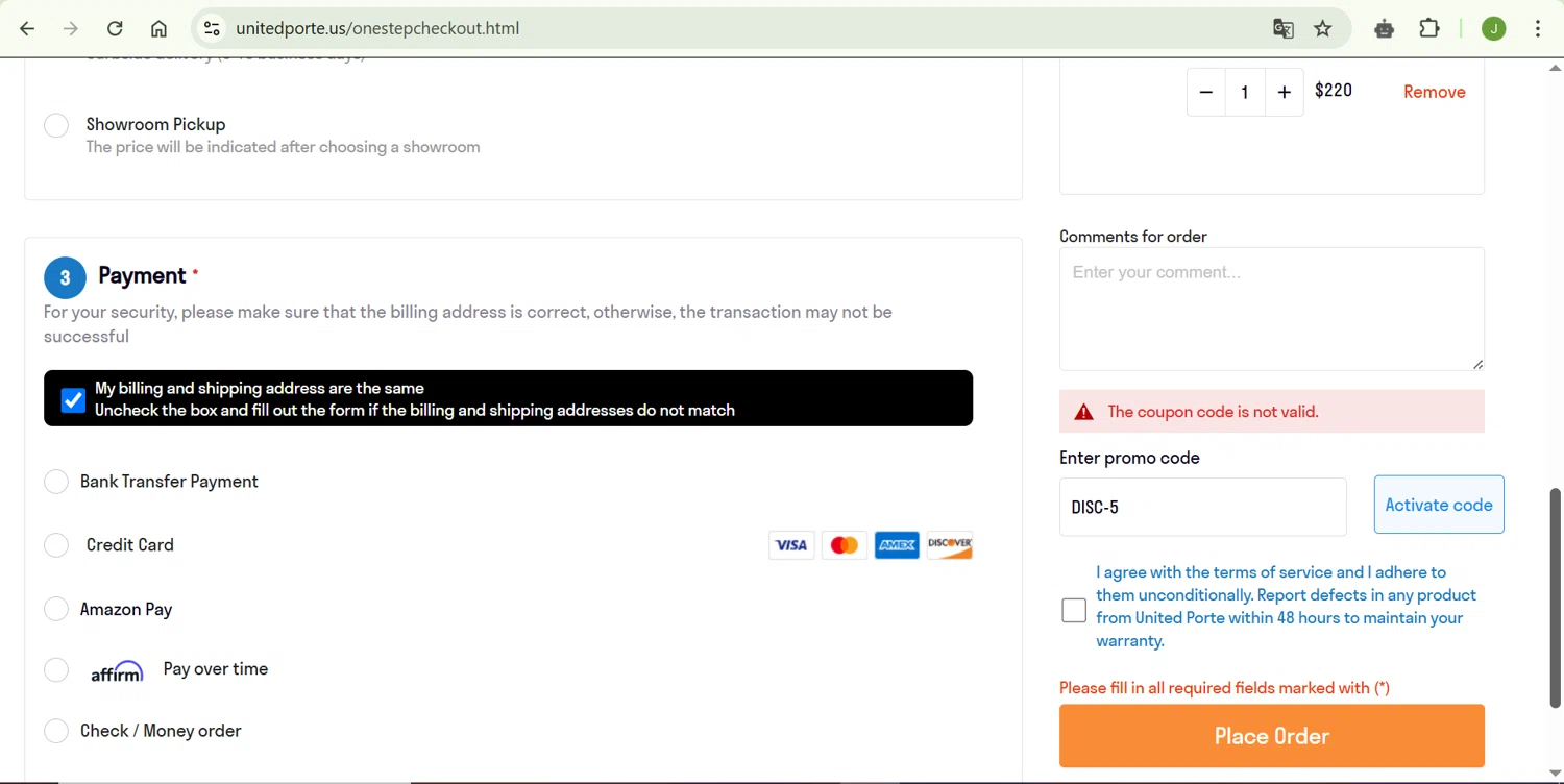 UnitedPorte promo code screenshot showing code DISC-5 applied at UnitedPorte checkout page. Uploaded by SimplyCodes community member ShrewdChaser7973 on Mar 20, 2025