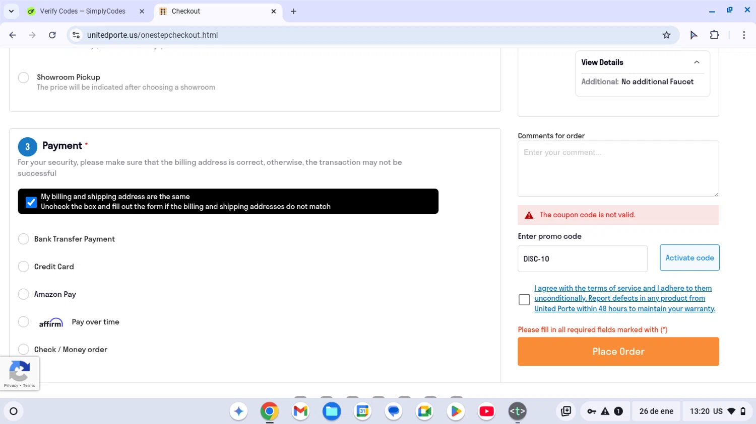 UnitedPorte promo code screenshot showing code DISC-10 applied at UnitedPorte checkout page. Uploaded by SimplyCodes community member SAIKOO on Jan 26, 2025