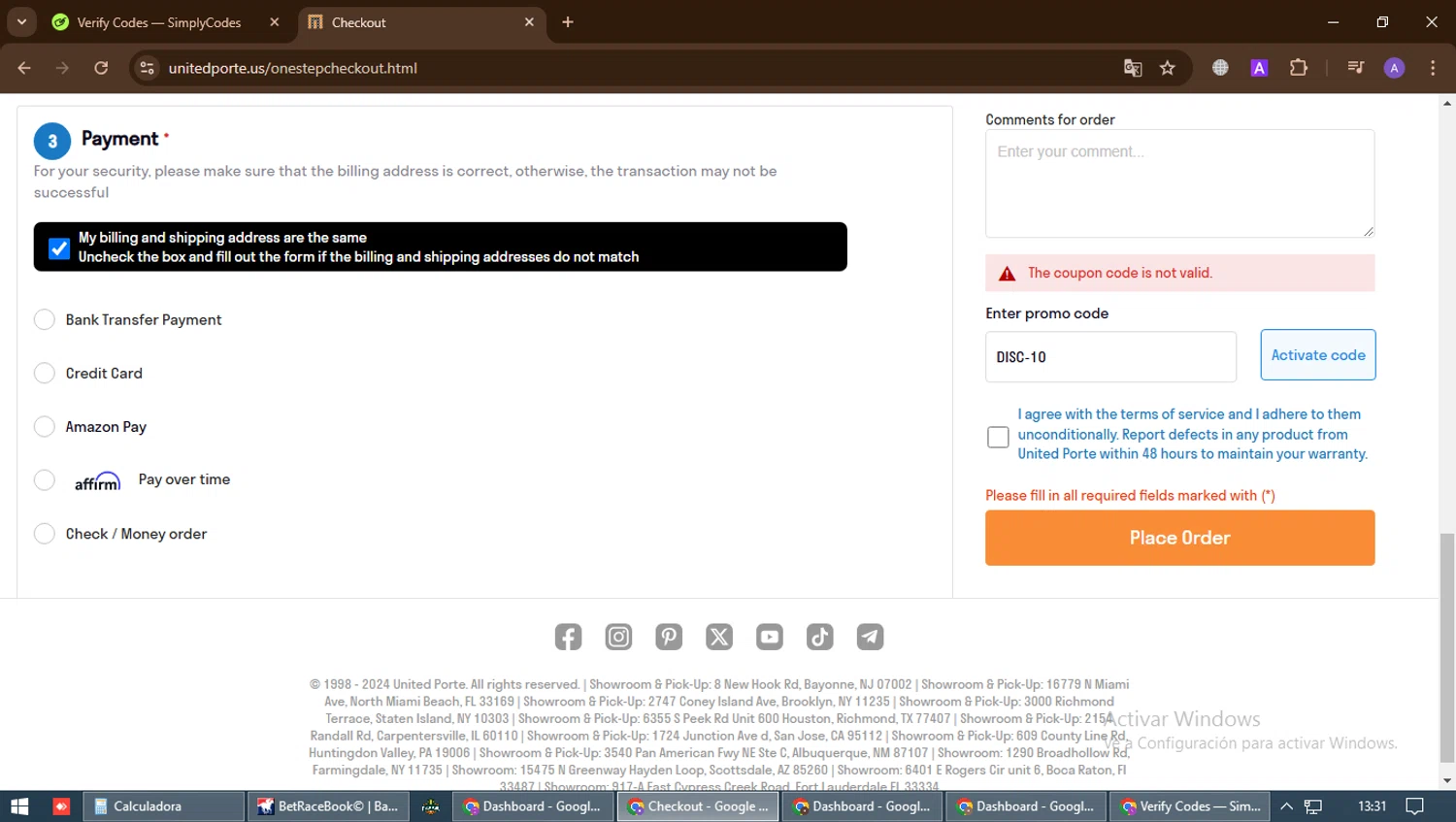 UnitedPorte promo code screenshot showing code DISC-10 applied at UnitedPorte checkout page. Uploaded by SimplyCodes community member CleverPilot8617 on Dec 28, 2024