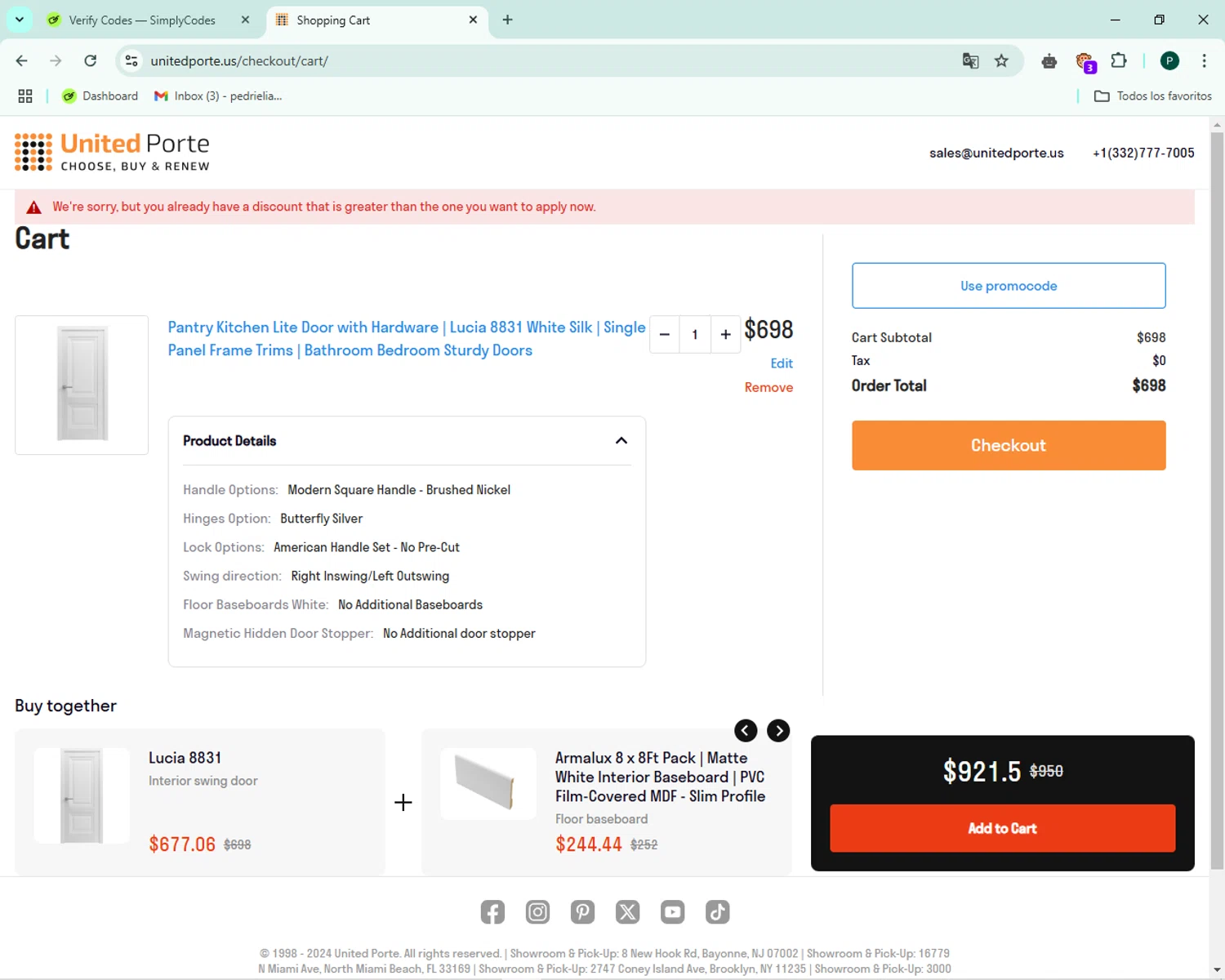 UnitedPorte checkout page showing UnitedPorte promo code box | Screenshot taken by SimplyCodes community member on Oct 30, 2024