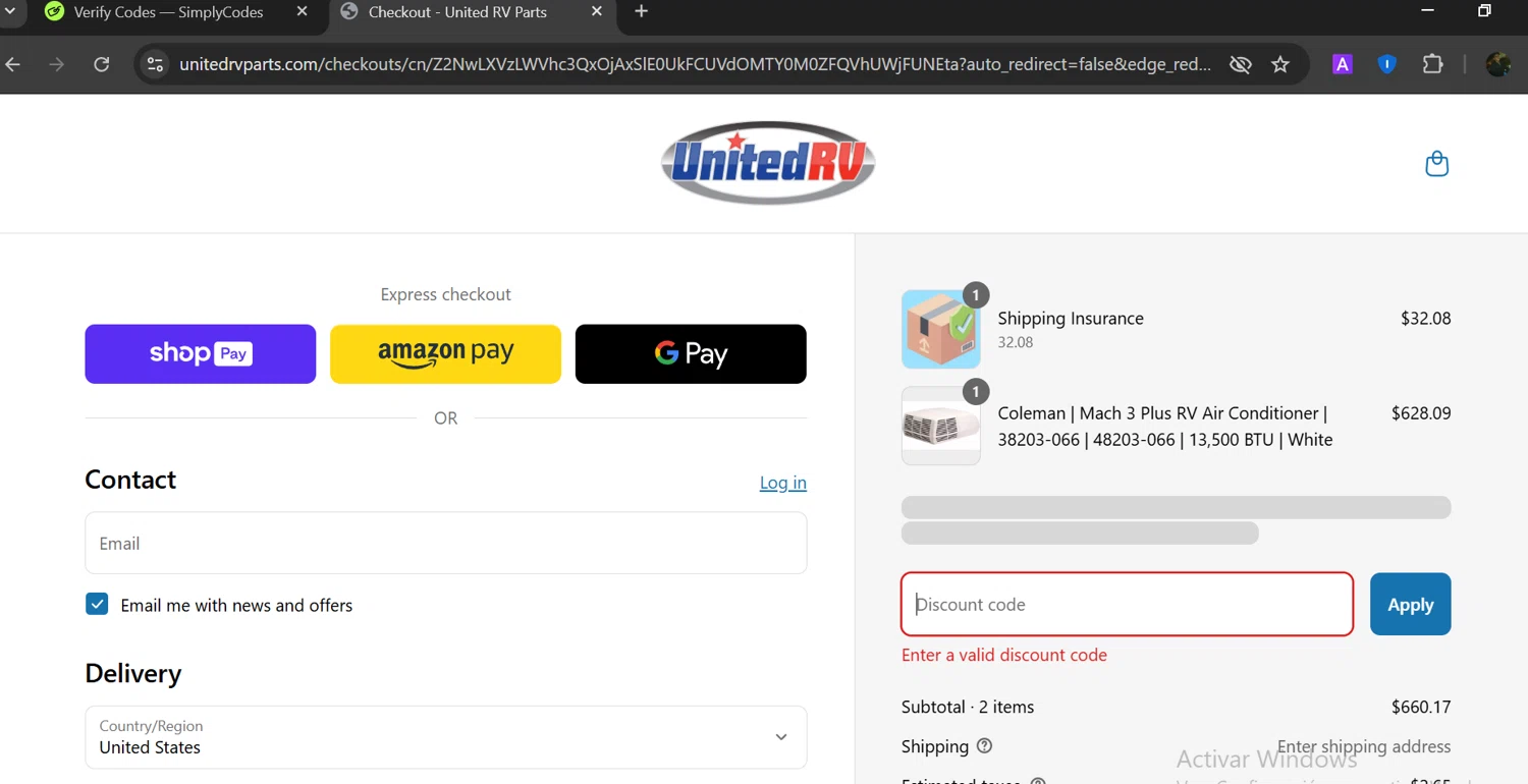United RV Center promo code screenshot showing code BFCM22 applied at United RV Center checkout page. Uploaded by SimplyCodes community member GloriousTitan3094 on Mar 24, 2025