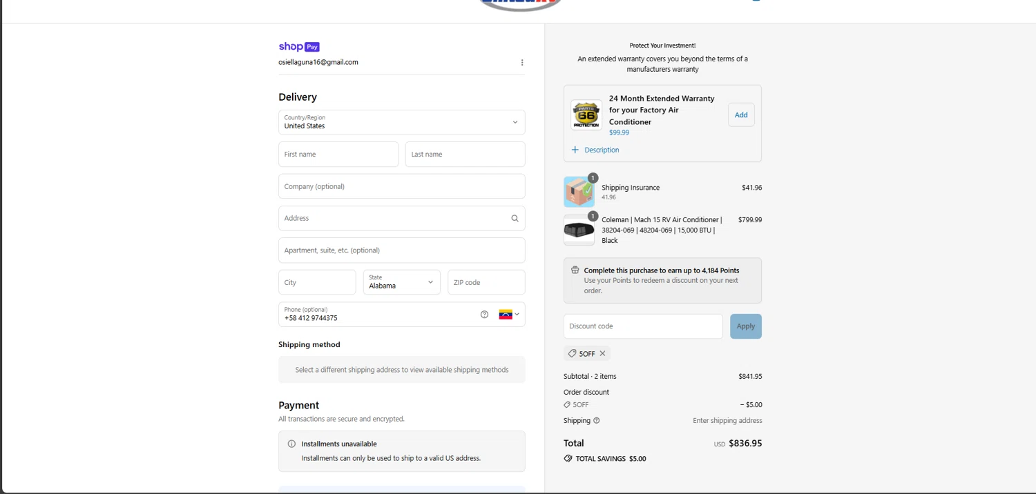 United RV Center promo code screenshot showing code 5OFF applied at United RV Center checkout page. Uploaded by SimplyCodes community member FrugalElite775 on Jul 9, 2025