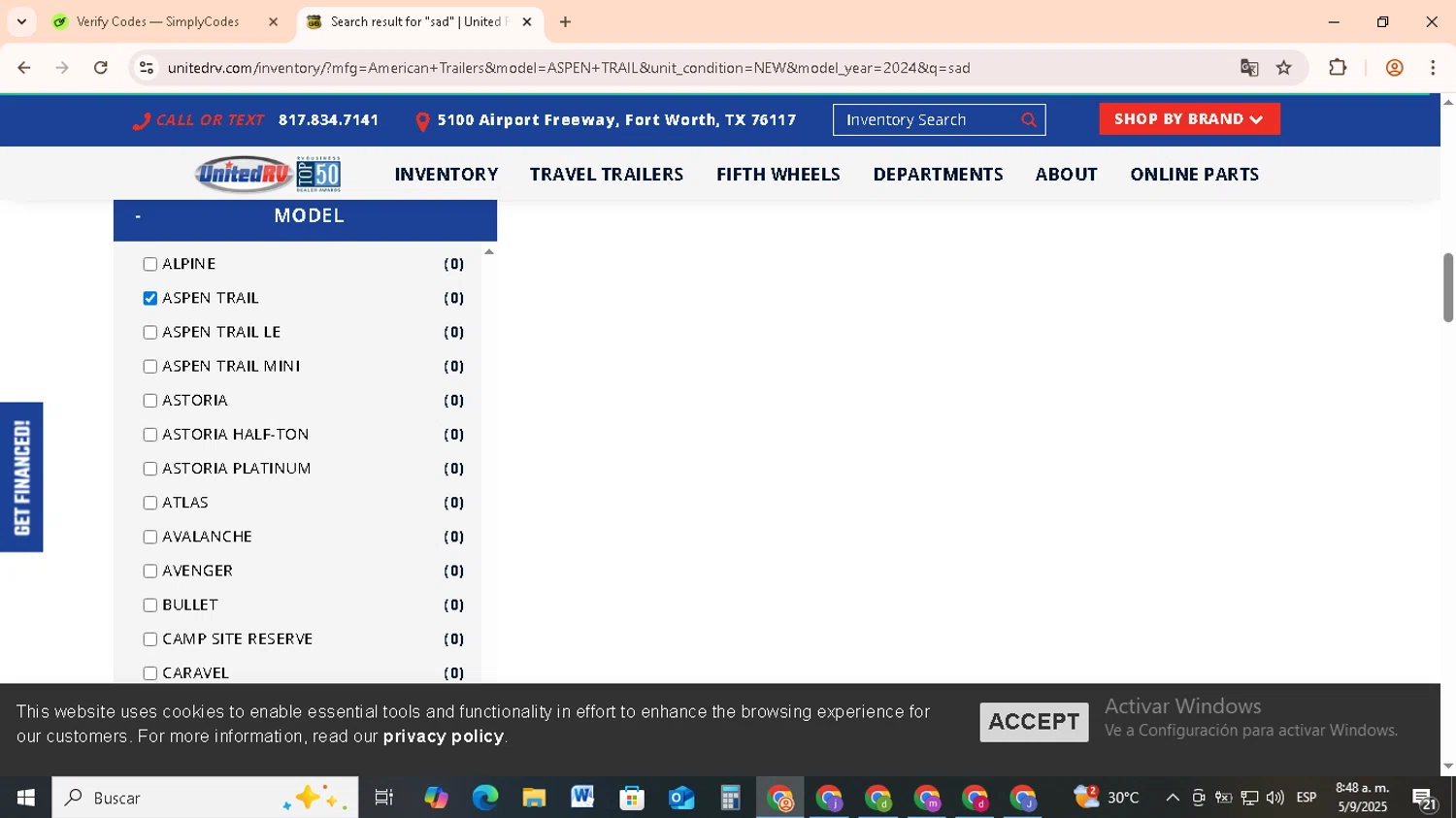 United RV Center promo code screenshot showing code 5OFF applied at United RV Center checkout page. Uploaded by SimplyCodes community member RebateCollector5909 on Sep 5, 2025