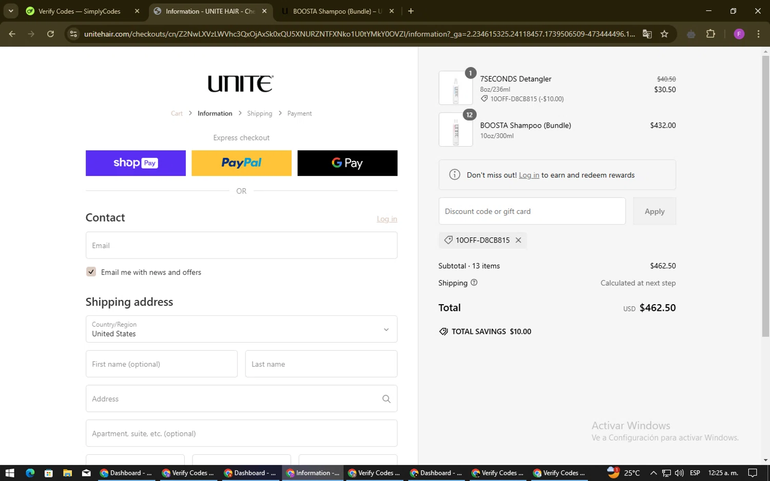 Unite Hair Care coupon code screenshot showing code 10Off-d8cb815 applied at Unite Hair Care checkout page. Uploaded by SimplyCodes community member CleverSpotter6431 on Feb 14, 2025