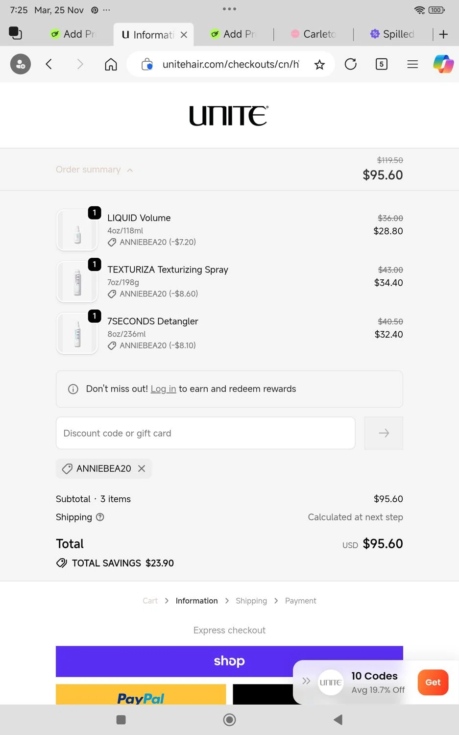 Unite Hair Care coupon code screenshot showing code Anniebea20 applied at Unite Hair Care checkout page. Uploaded by SimplyCodes community member KarinaHZ on Nov 25, 2025