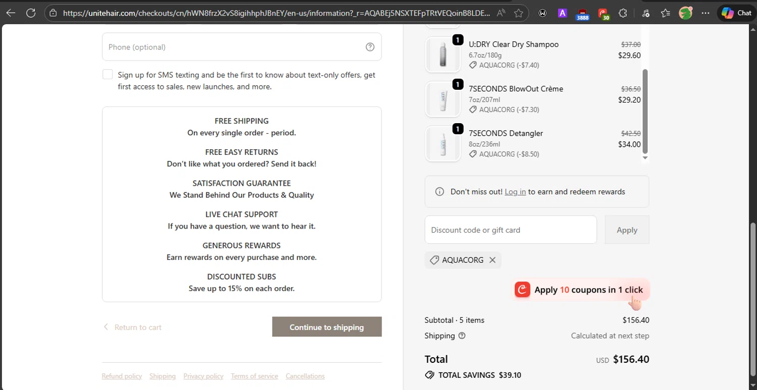 Unite Hair Care coupon code screenshot showing code AQUACORG applied at Unite Hair Care checkout page. Uploaded by SimplyCodes community member PrincessCoupon on Feb 11, 2026