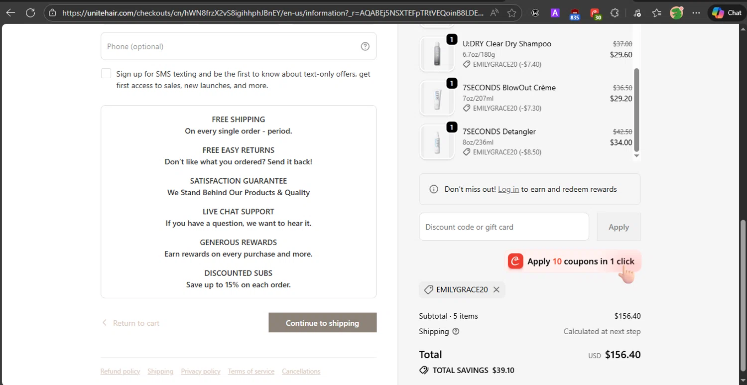 Unite Hair Care coupon code screenshot showing code EMILYGRACE20 applied at Unite Hair Care checkout page. Uploaded by SimplyCodes community member PrincessCoupon on Feb 11, 2026