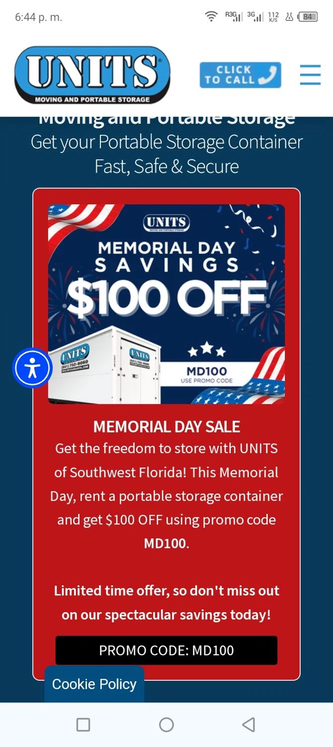 UNITS Moving & Portable Storage promo code screenshot showing code Md100 applied at UNITS Moving & Portable Storage checkout page. Uploaded by SimplyCodes community member shark12 on May 17, 2024