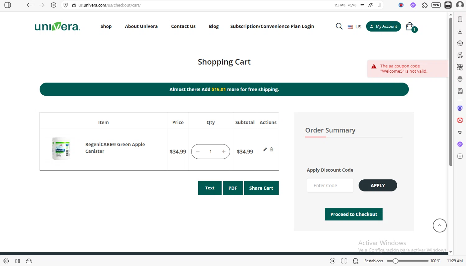 Univera promo code screenshot showing code Welcome5 applied at Univera checkout page. Uploaded by SimplyCodes community member luissilva2 on Dec 2, 2025