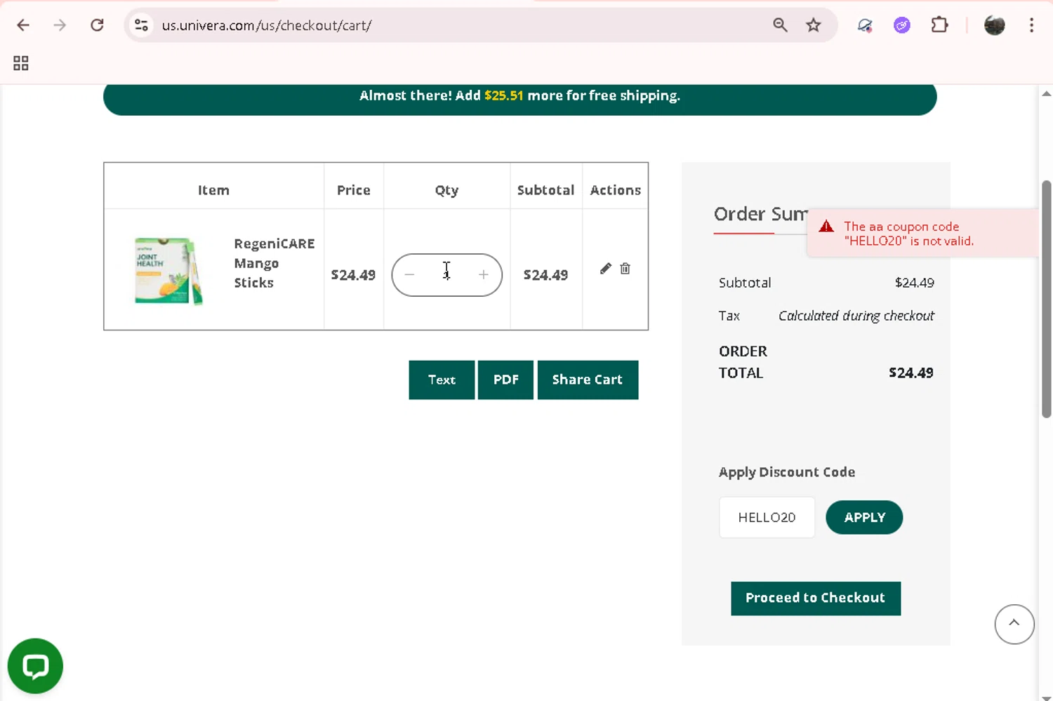 Univera promo code screenshot showing code HELLO20 applied at Univera checkout page. Uploaded by SimplyCodes community member JASTIFY on Dec 16, 2025