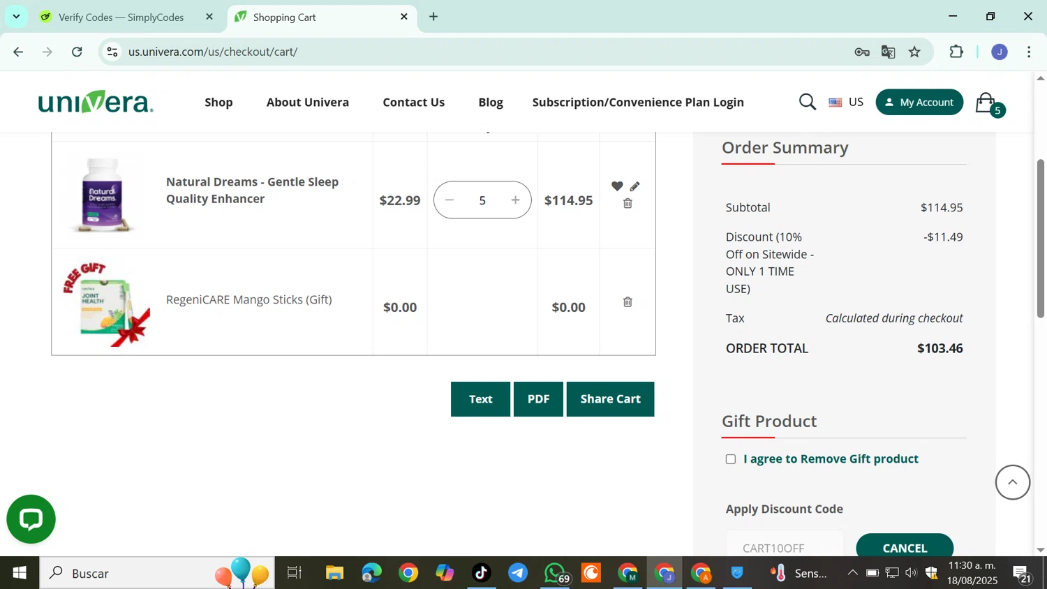 Univera checkout page showing Univera promo code box | Screenshot taken by SimplyCodes community member on Aug 18, 2025