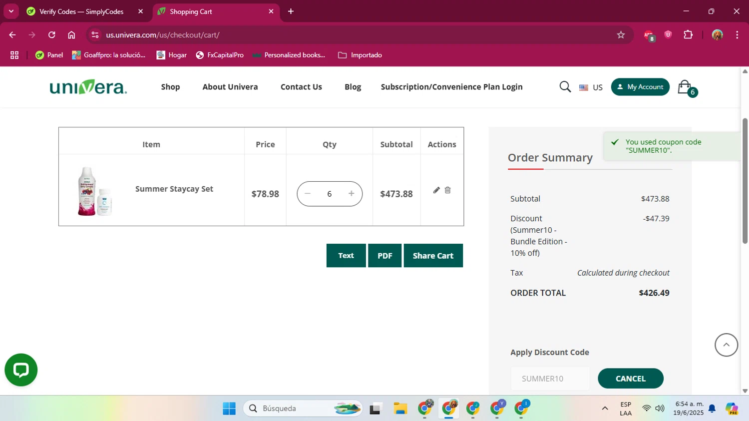 Univera checkout page showing Univera promo code box | Screenshot taken by SimplyCodes community member on Jun 19, 2025