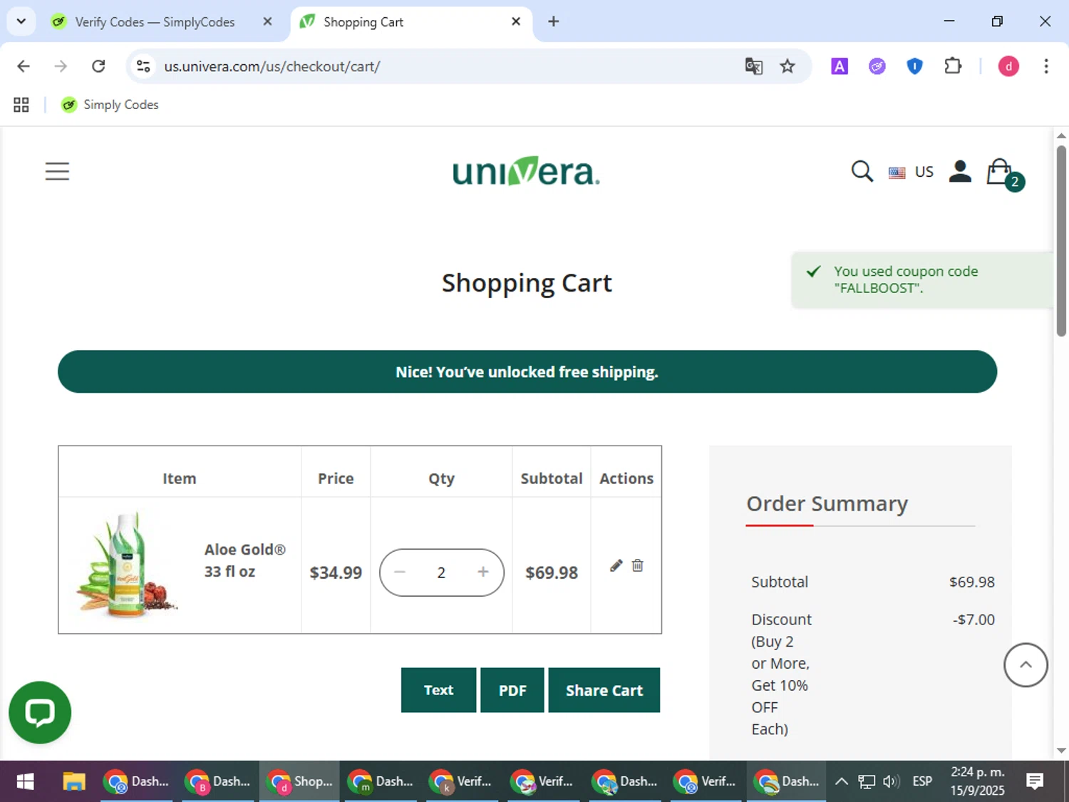 Univera promo code screenshot showing code FALLBOOST applied at Univera checkout page. Uploaded by SimplyCodes community member BudgetVoyager5452 on Sep 15, 2025