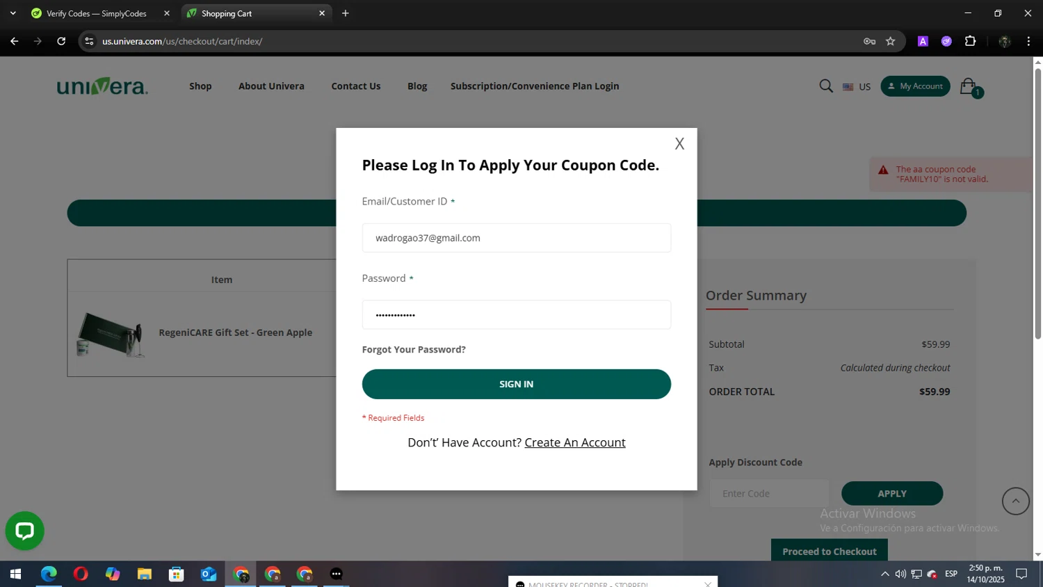 Univera promo code screenshot showing code FAMILY10 applied at Univera checkout page. Uploaded by SimplyCodes community member Andy2323 on Oct 14, 2025