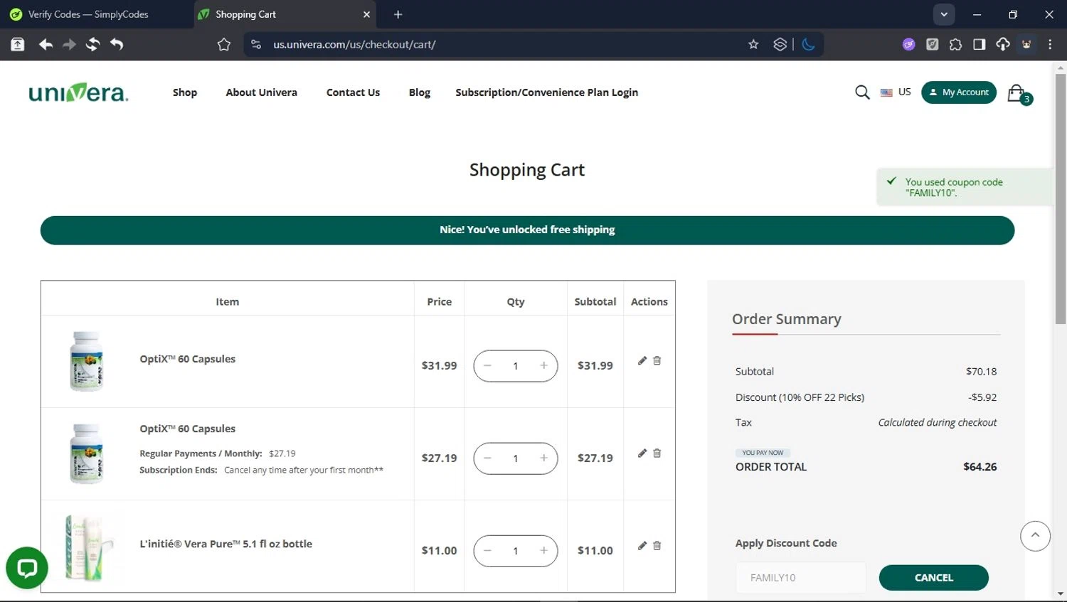Univera promo code screenshot showing code FAMILY10 applied at Univera checkout page. Uploaded by SimplyCodes community member BrilliantTitan6909 on Oct 14, 2025