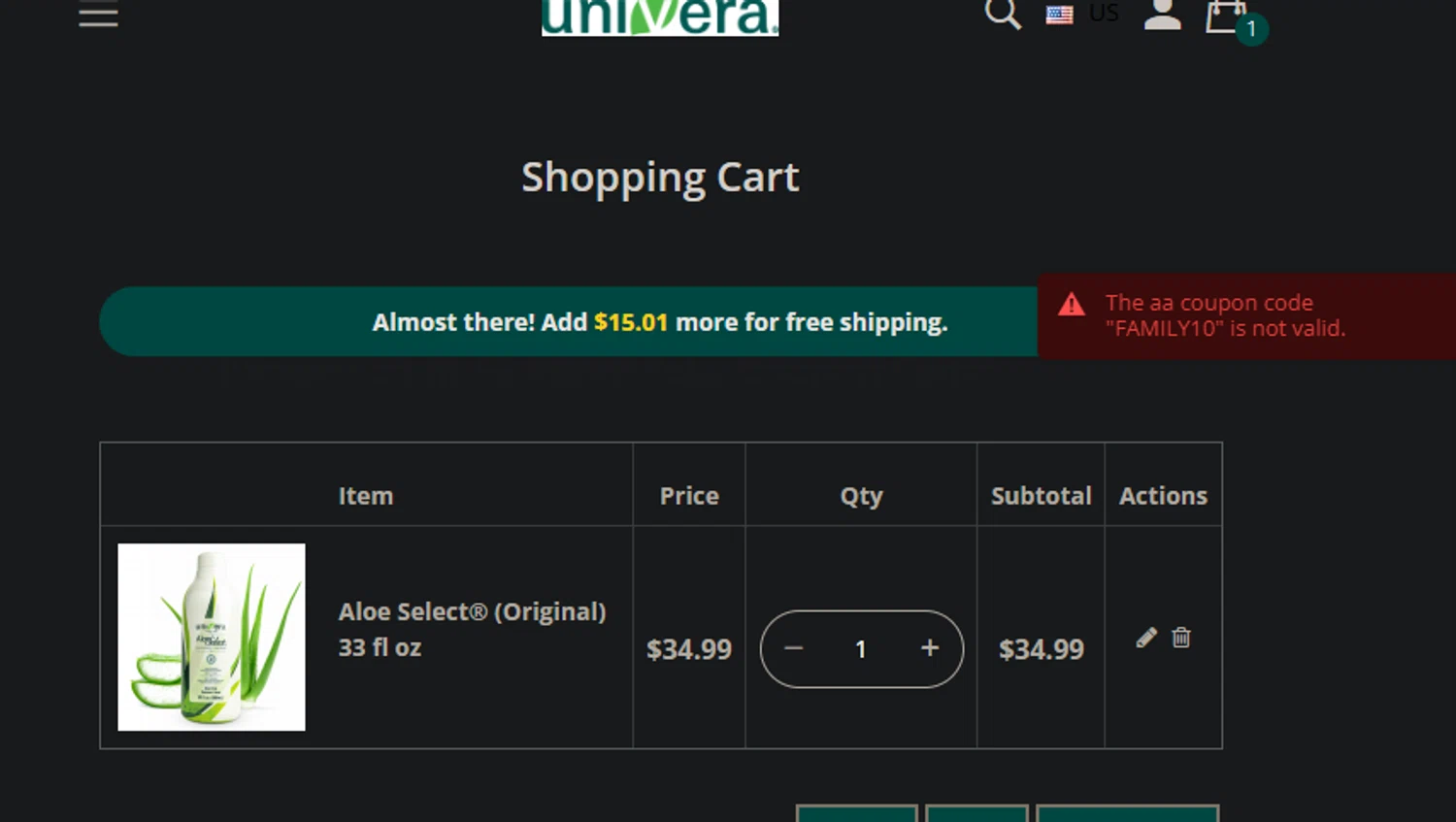 Univera promo code screenshot showing code FAMILY10 applied at Univera checkout page. Uploaded by SimplyCodes community member jaimitoalcachofa on Nov 12, 2025