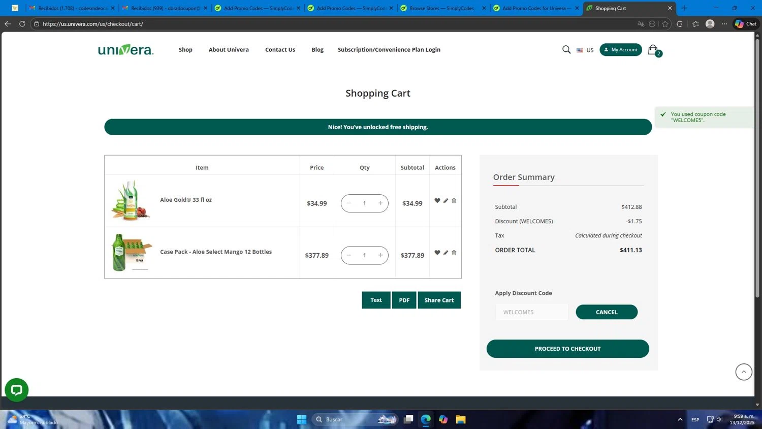 Univera promo code screenshot showing code WELCOME5 applied at Univera checkout page. Uploaded by SimplyCodes community member Mdeoca on Dec 13, 2025